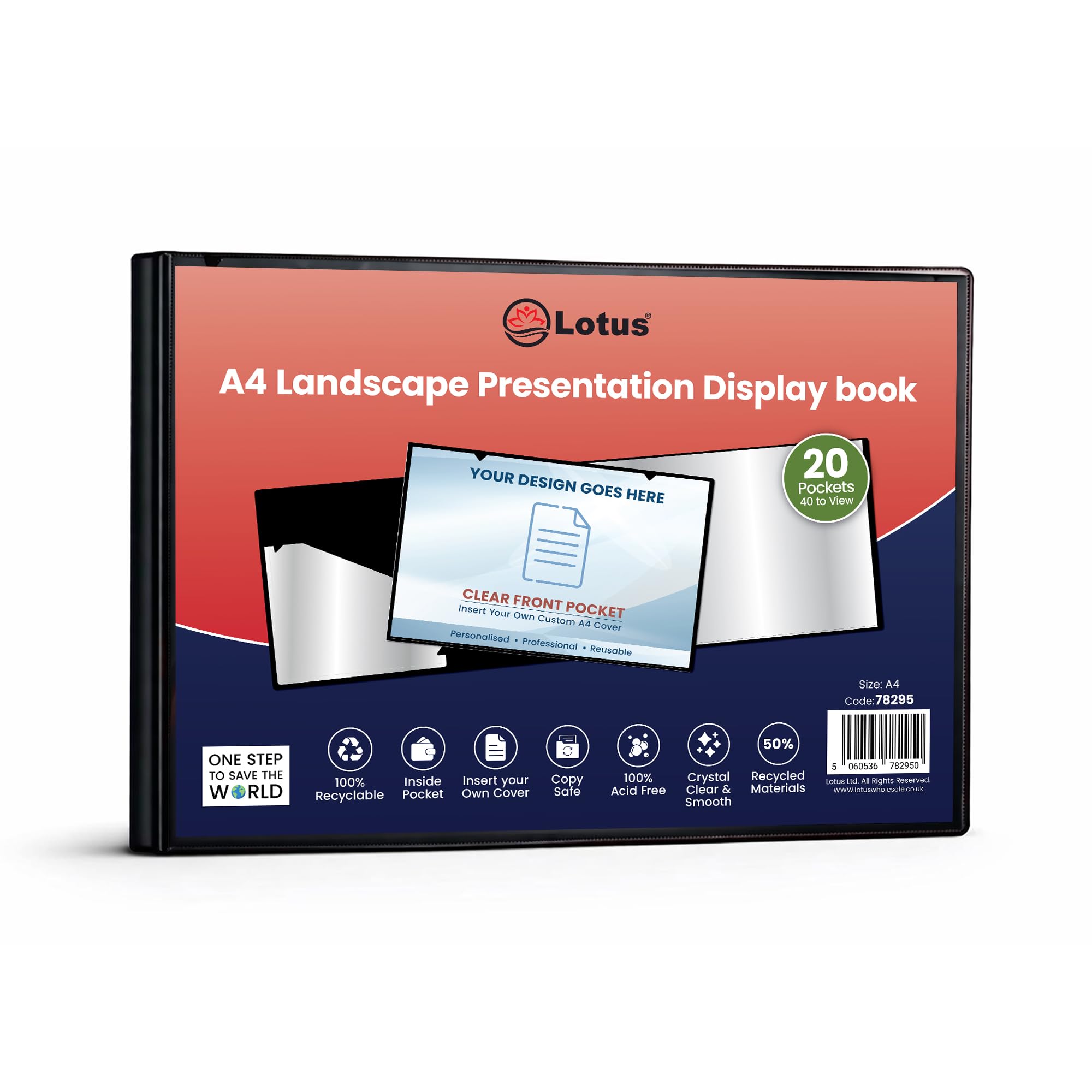 Pack of 6 A4 Display Book 20 Pockets (40 Views) - Black 50% Recycled Presentation Folder with Clear Plastic Sleeves - Portfolio, Certificate & Project Folder for School, Office & Interviews (Lotus)