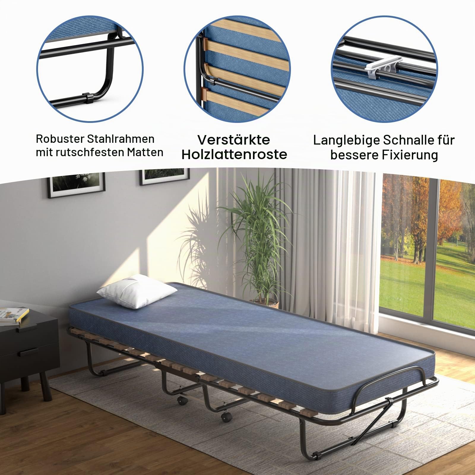 GIANTEX Gästebett klappbar, Klappbett 80x190cm Erwachsene, Einzelbett mit Matratze aus Memory-Schaum, Reisebett mit 4 Rollen, klappbares Bett Faltbett Metallbett Metallrahmen 130 kg belastbar (Blau)