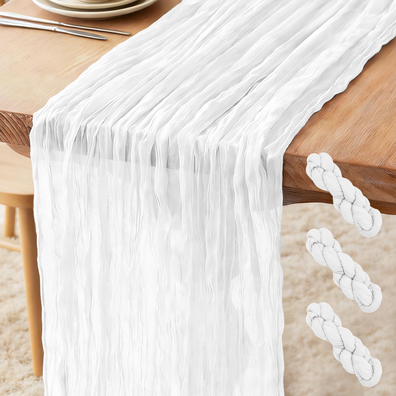 3 Stück Tischläufer Weiß, 300 x 90 cm Käsetuch Tischläufer Boho Gaze Rustikaler Läufer für Hochzeit, Geburtstagsfeiern, Brautdusche, Bankettdekoration Tisch Dekoration