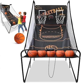 Foldable Dual Shot Arcade Basketball Game, Double Basketball Shooting Machine with LED Electronic Scorer and 5 Balls, 8 Game Modes, for Home, Game Hall, Shopping Mall, Outdoor