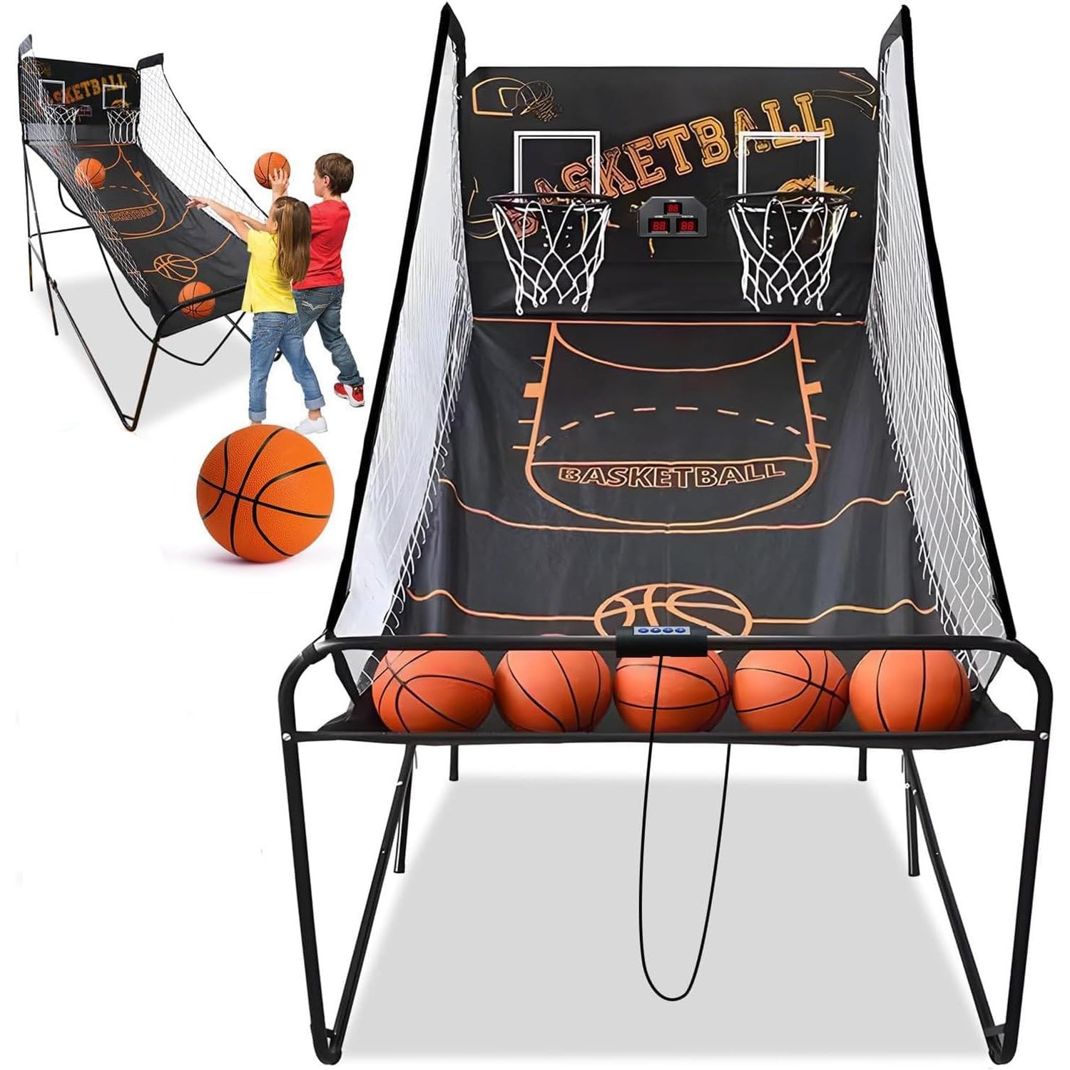 Jeu de basket-ball d'arcade pliable double tir avec marqueur LED et 5 ballons