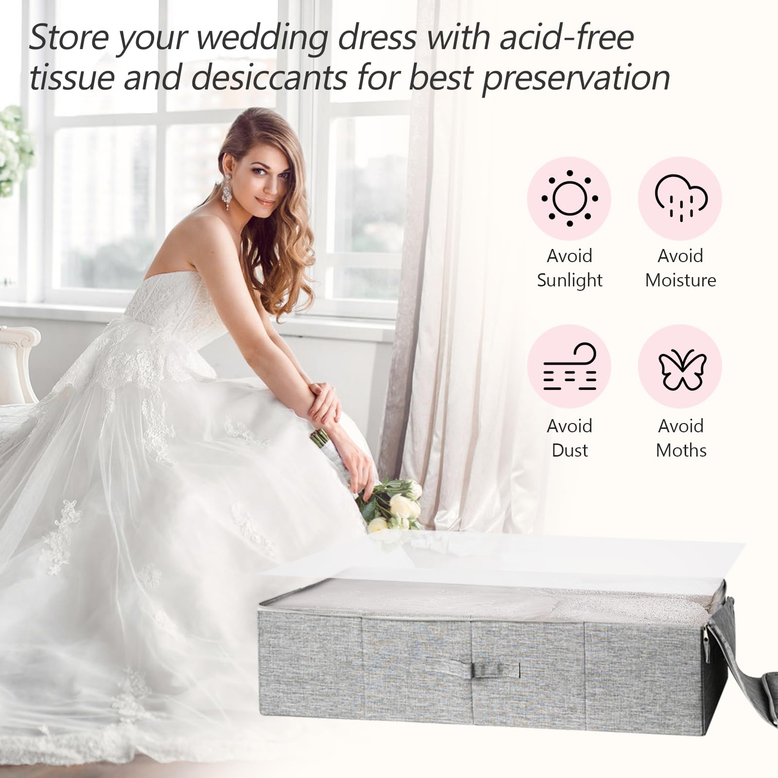 Großes Hochzeitskleid-Konservierungsbox-Set, Hochzeitskleid-Aufbewahrungsbox mit 30 Blatt säurefreiem Seidenpapier, Mikrofaser-Handschuhen, staubdichter Tasche und Trockenmitteln, Grau, 76,2