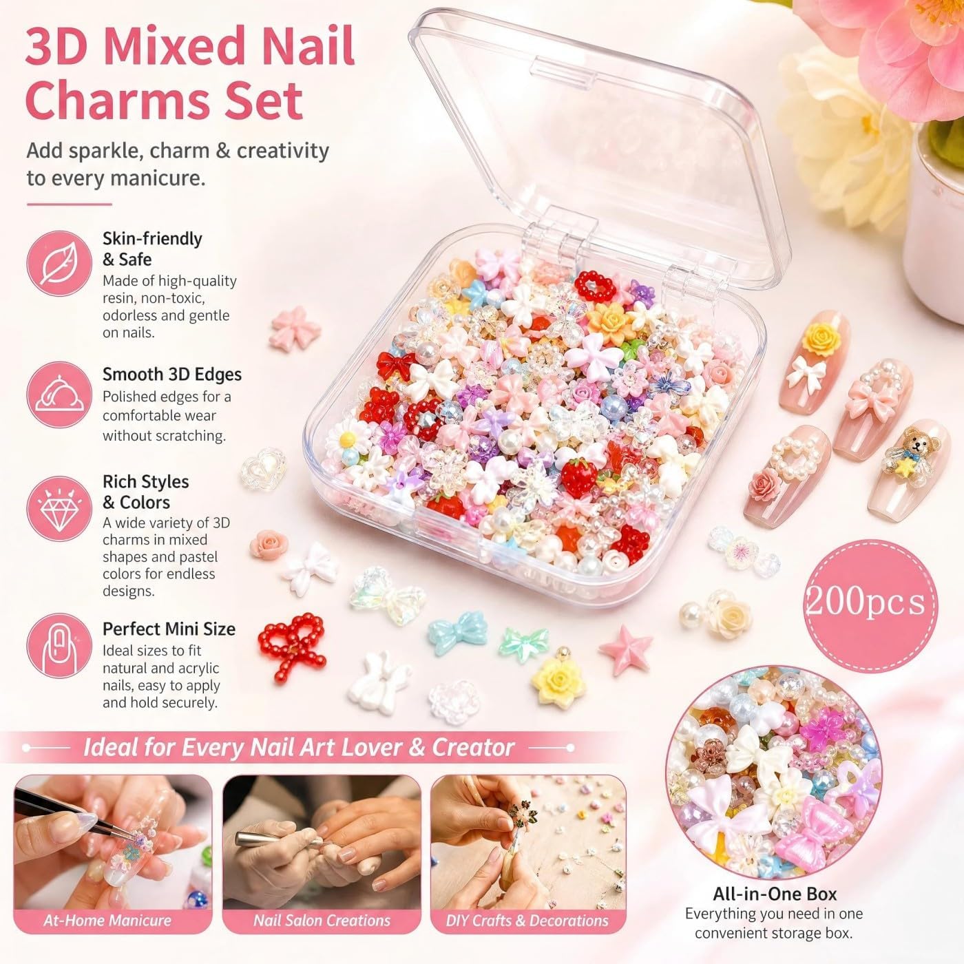 200PCS 3D Resin Nail Charms Set Mixed Shapes Kawaii Flatback Gems Bows Roses Stars Hearts Bears Pearls for DIY Nail Art Jewelry Design