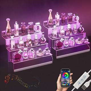 12” Acrylic Display Organizer with LED Light - 3 Tier Perfume Stand and Display Step Shelves Holder, Cologne Organizer for Men, Figures Stand, Porta Perfumes Para Tocador, Clear Riser, 2 Pack Stands