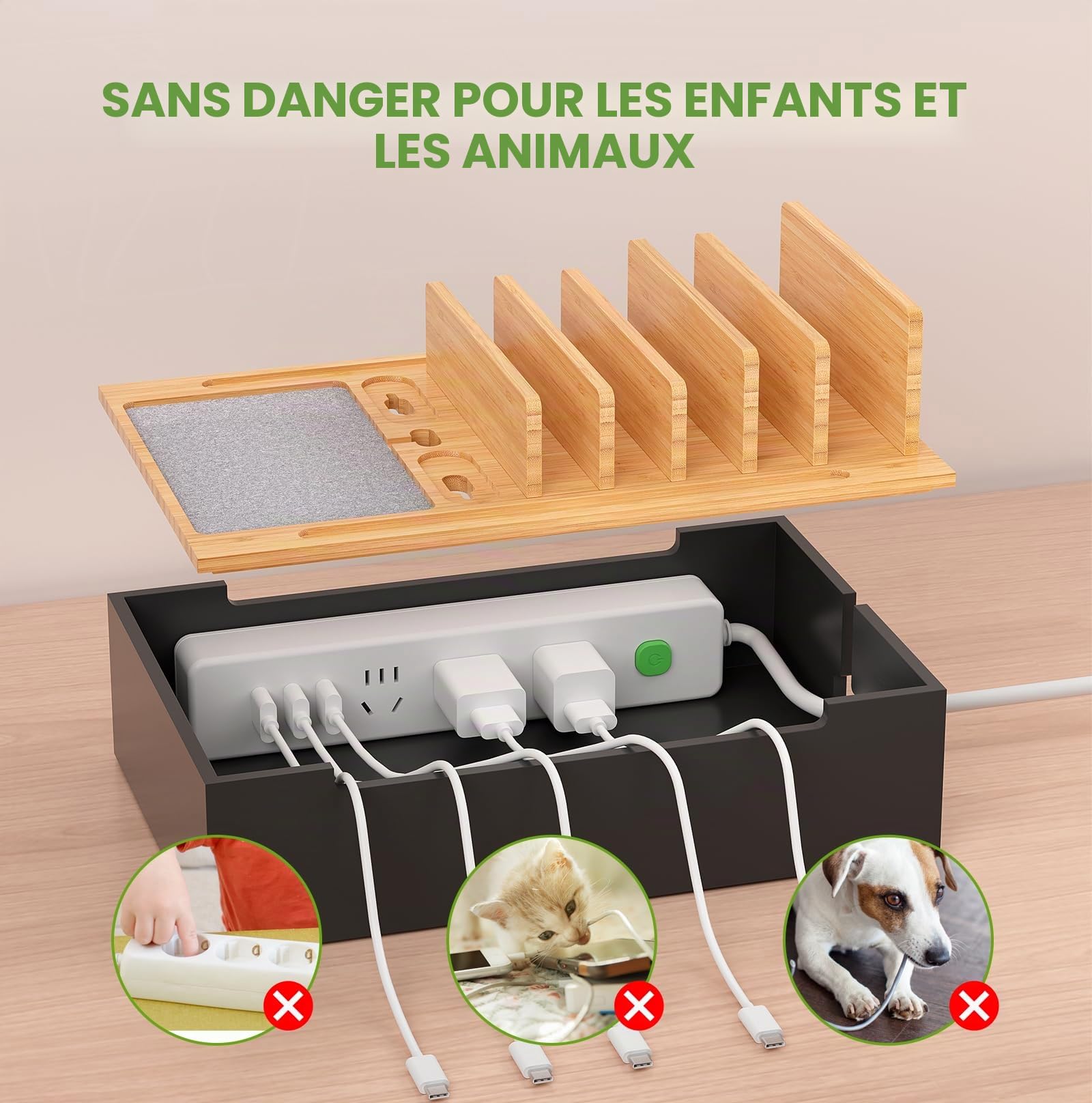 Pezin & Hulin Station de charge en bambou, organiseur d'appareils électroniques pour plusieurs appareils tels que téléphone portable, tablette, montre et plus encore, naturel + noir, (pas de chargeur