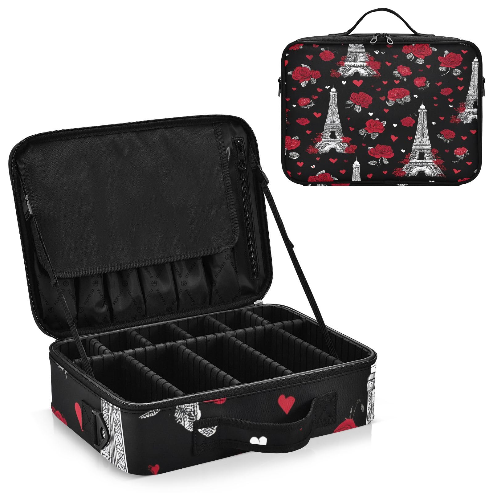 zyrtty Travel Makeup Train Case Eiffel Tower Rose Red Black Cosmetic Organizer Portable Storage Bag with Adjustable Dividers for Cosmetics Brushes Toiletry Jewelry Digital Accessories