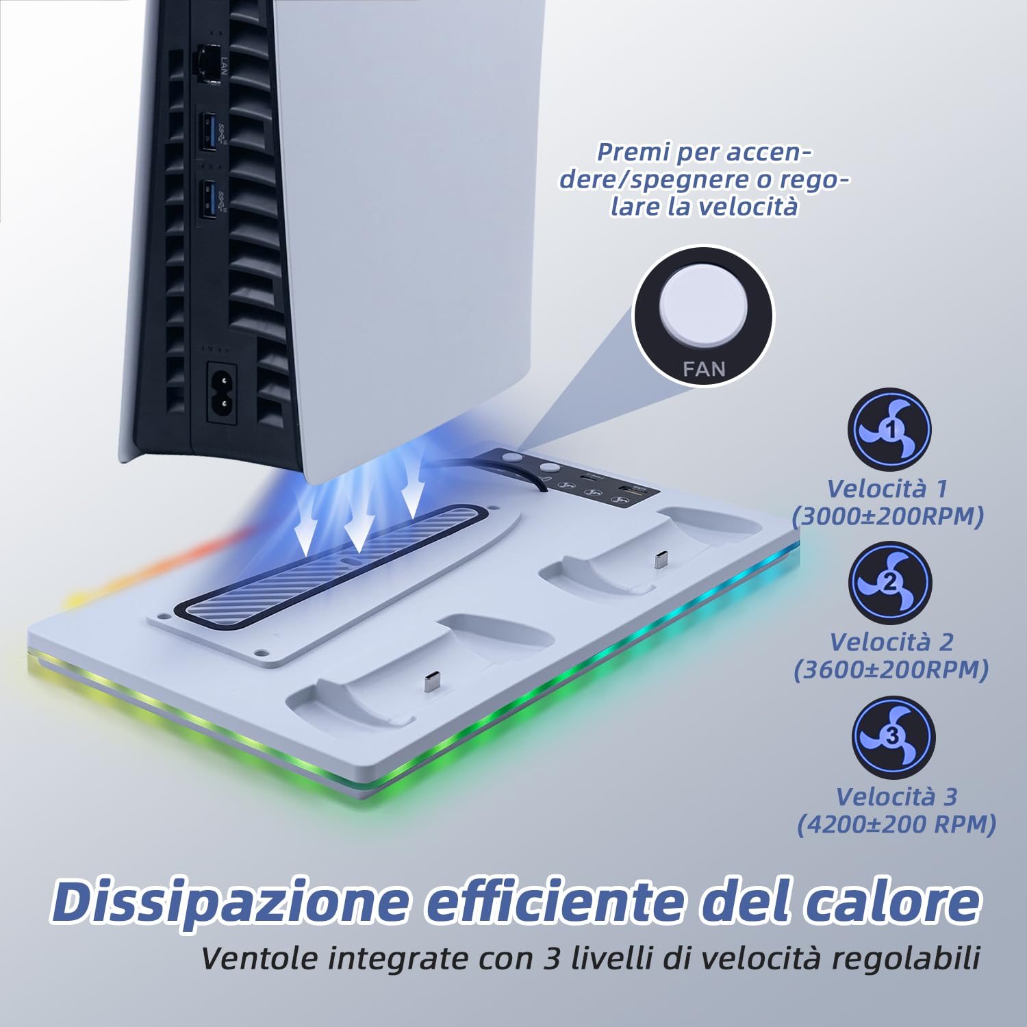 Wigearss Supporto Verticale Raffreddamento PS5/PS5 Slim/PS5 Pro con Doppio Caricatore Controller, Base di Ricarica Joystick PS5 con Ventola Raffreddamento, Illuminazione RGB per PS5/PS5 Slim/PS5 Pro