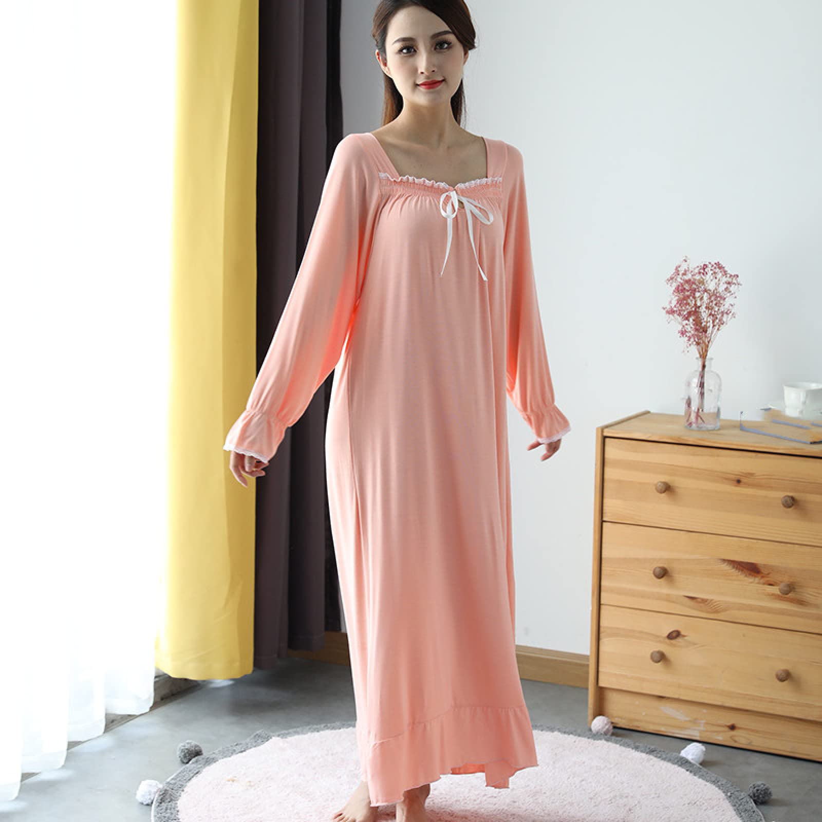 OFFSUM Camicia da Notte Donna - Scollo Quadrato Cotone Casual Camicia da Notte Elegante Pizzo Morbido Confortevole Primavera Autunno Camicia da Notte Traspirante Lingerie Plus Size