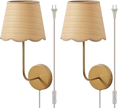 Miniatura 1 de Juego de 2 apliques de pared de ratán bohemios, enchufables de mimbre tejido a mano, latón antiguo, acabado de pintura, sombra de flores, para