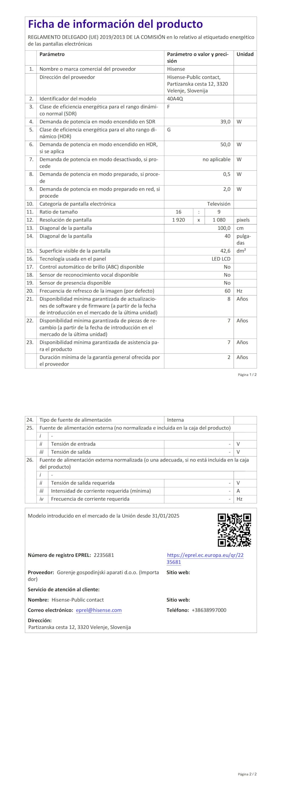 Hisense 40A4Q - FullHD Smart TV 40 Pulgadas, Modo Juego, Deportes IA, Sonido Dolby DTS HD, Alto Contraste, Función Compartir en el Televisor, DVB - T2, Auto Ordenación de los Canales TDT