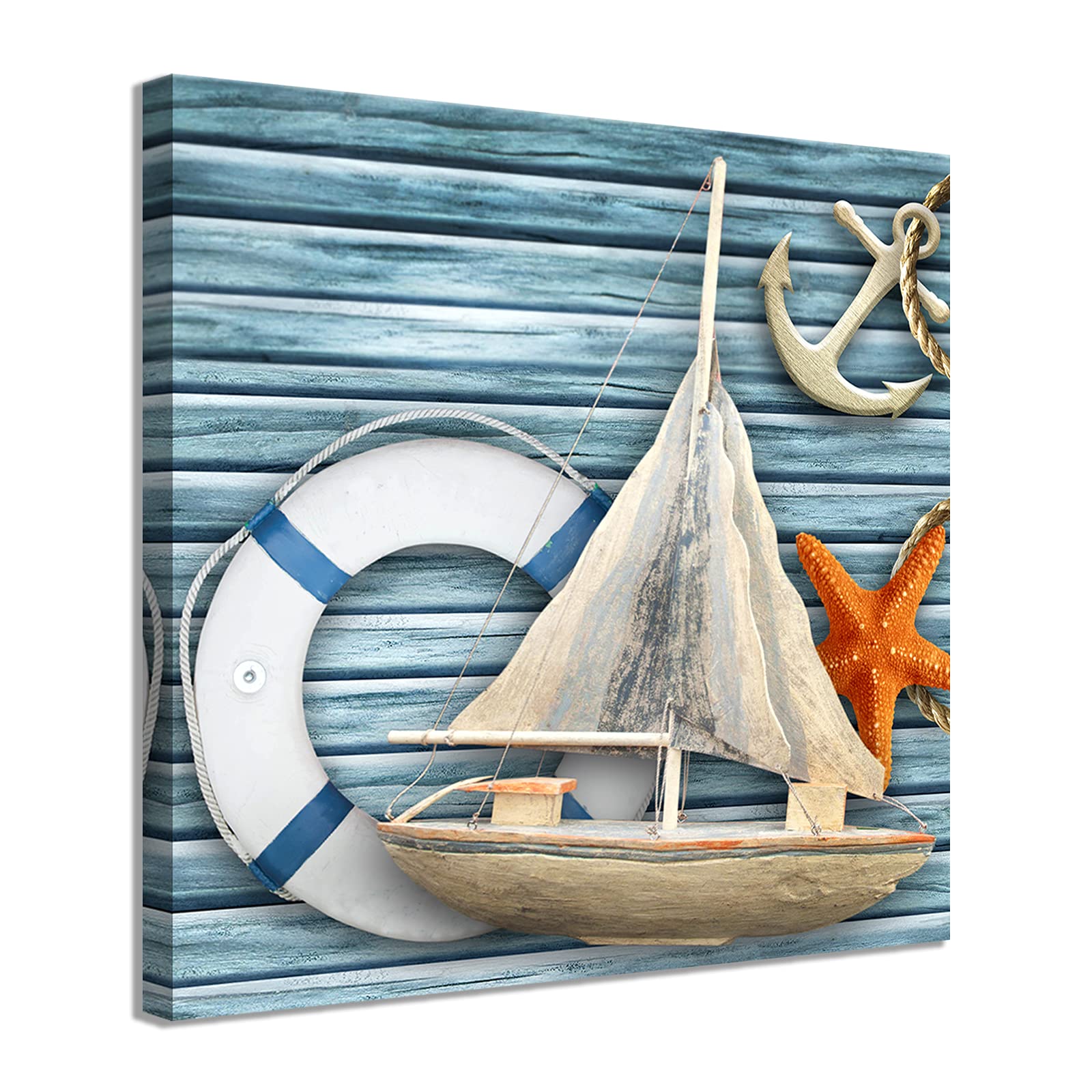 Beach Canvas Wall Art Sailboat Startfish Poster Print Canvas Painting for Home Kitchen Bathroom Living Room Wall Decor With Frame 12x12inch