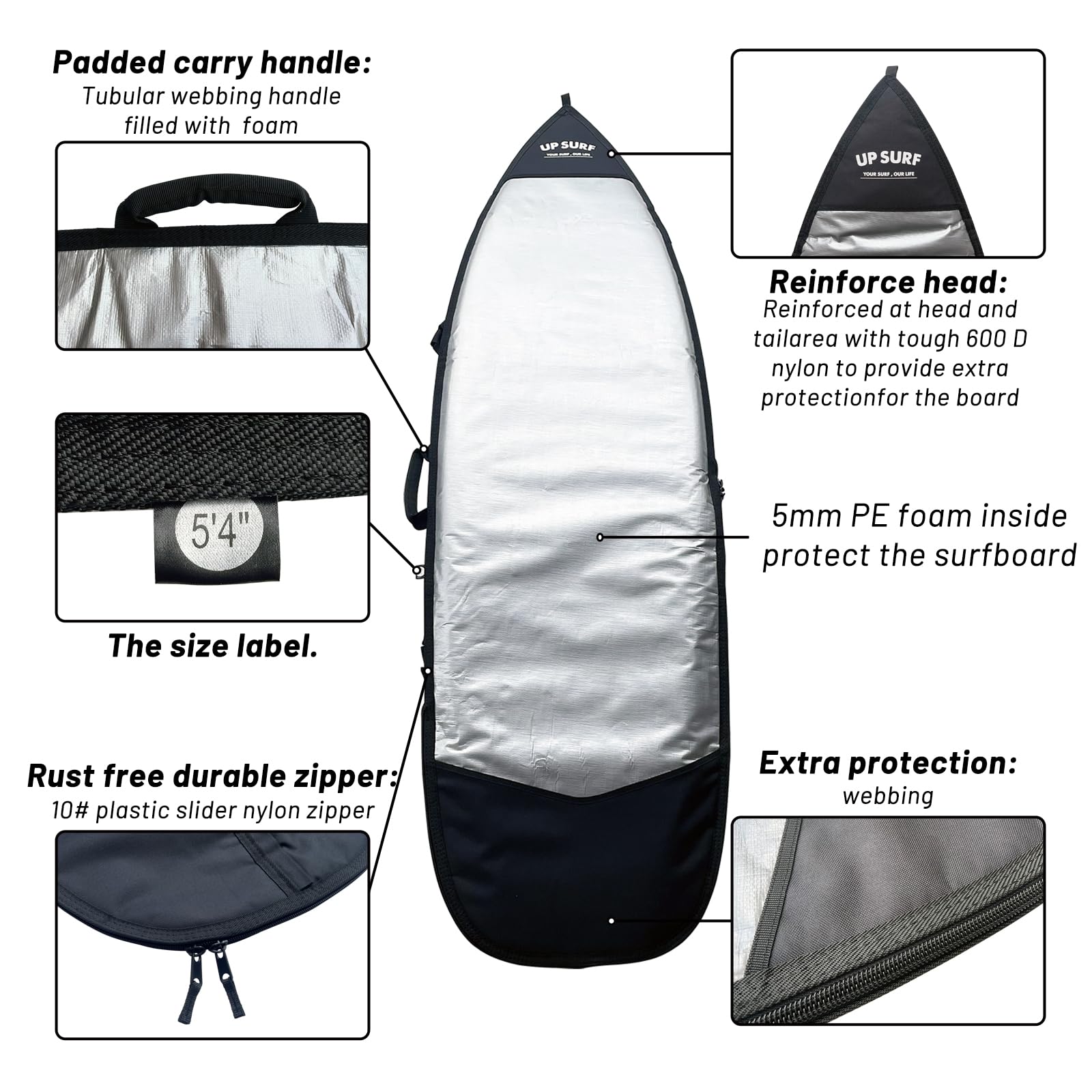 UP SURF Surfboard bag, Daylight Bags for Fun and short boards, Size 5’4”,5’8”,6’0