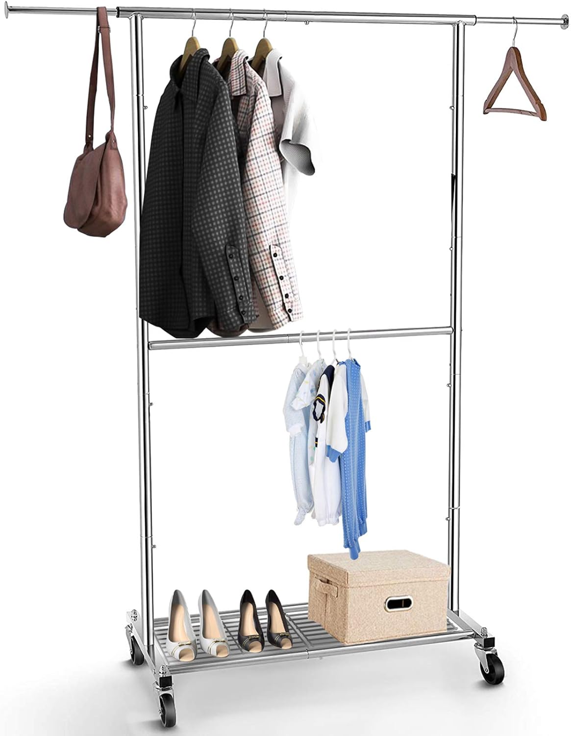 Double Rail Clothing Rack, YOMYM Expandable Garment Rack 2 Tier on