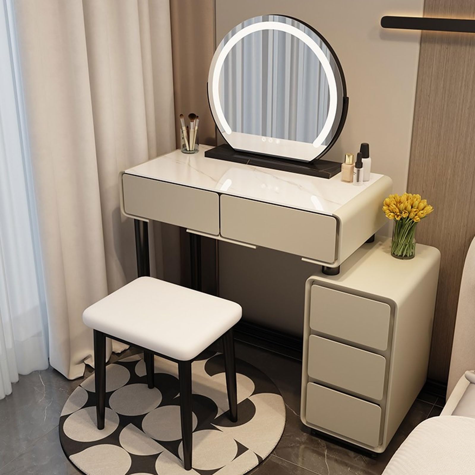 Postazione Trucco con Luci e Cassetti, con Cassetto, Sgabello e Specchio, Specchio Intelligente a Tre Colori, Set da Trucco Semplice e Moderno, Robusto e Durevole ( Color : Gray , Size : LARGE_SQUARE