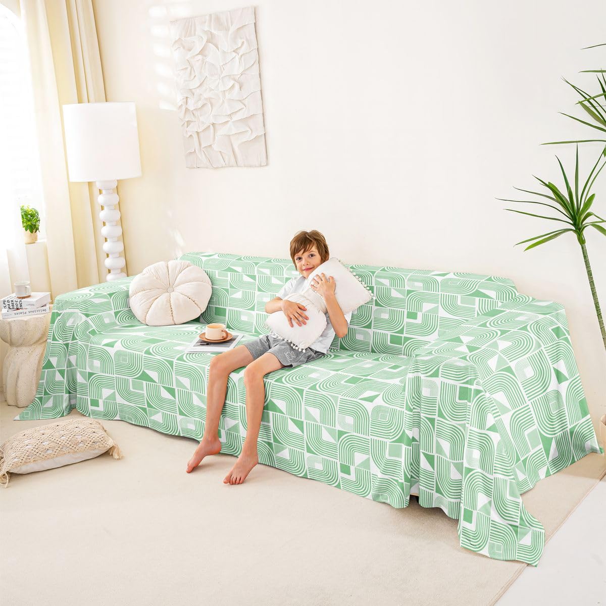 Homewish Pokrowiec na kanapę dla zwierząt domowych, nowoczesne pokrowce na kanapę z motywem linii, na 2 poduszki, na sofę, zielone paski, narzuta na sofę, boho, wirujące linie, narzuta na kanapę, dla