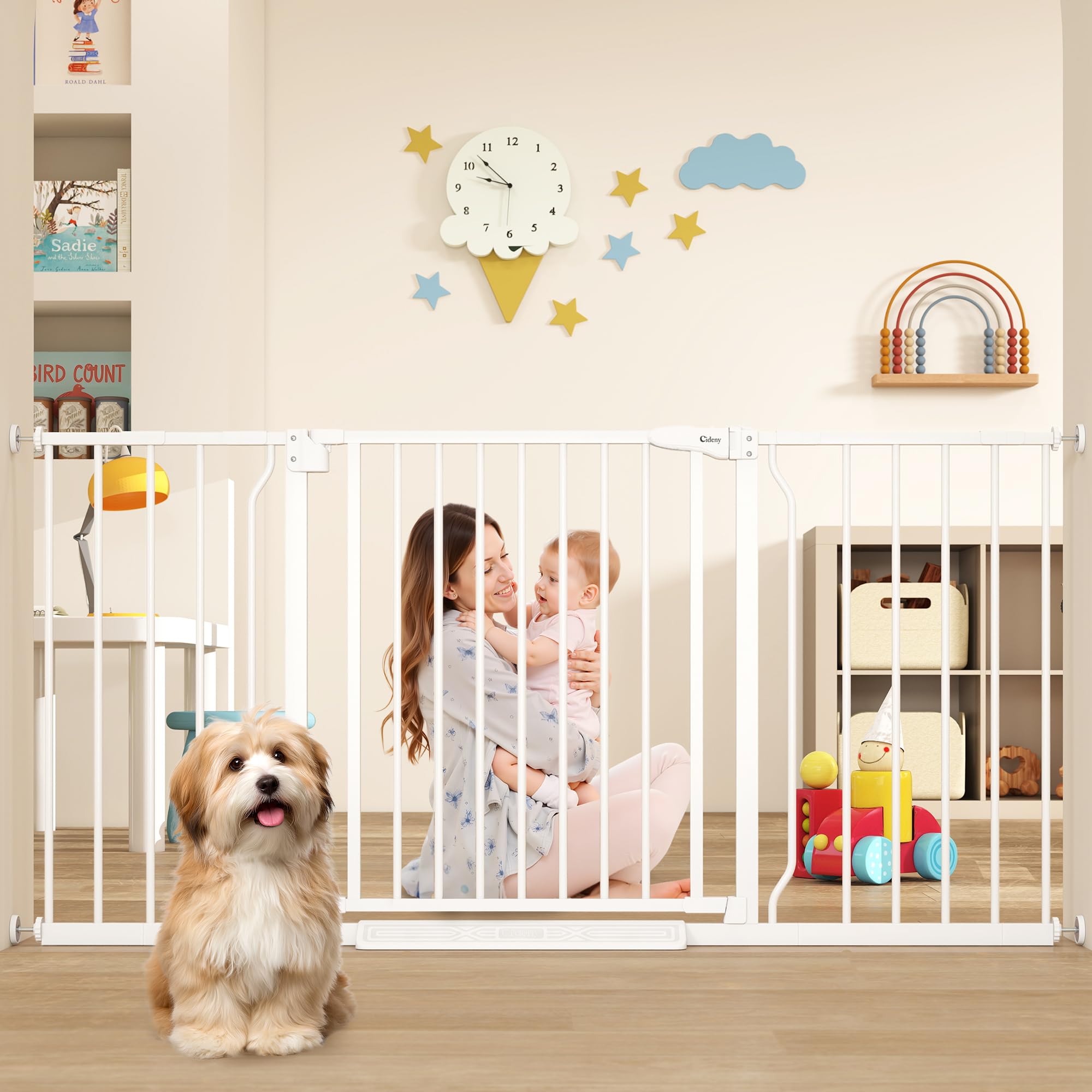 Cideny 29"-58" Extra Wide Baby Gate, No Drilling Auto Close Dog Gate, White | Indoor for Doorways & Stairs, Pressure Mounted Pet Gate with 21.7 Wide Walk-Through Door, Gate for Baby&Pet Stroller Friendly
