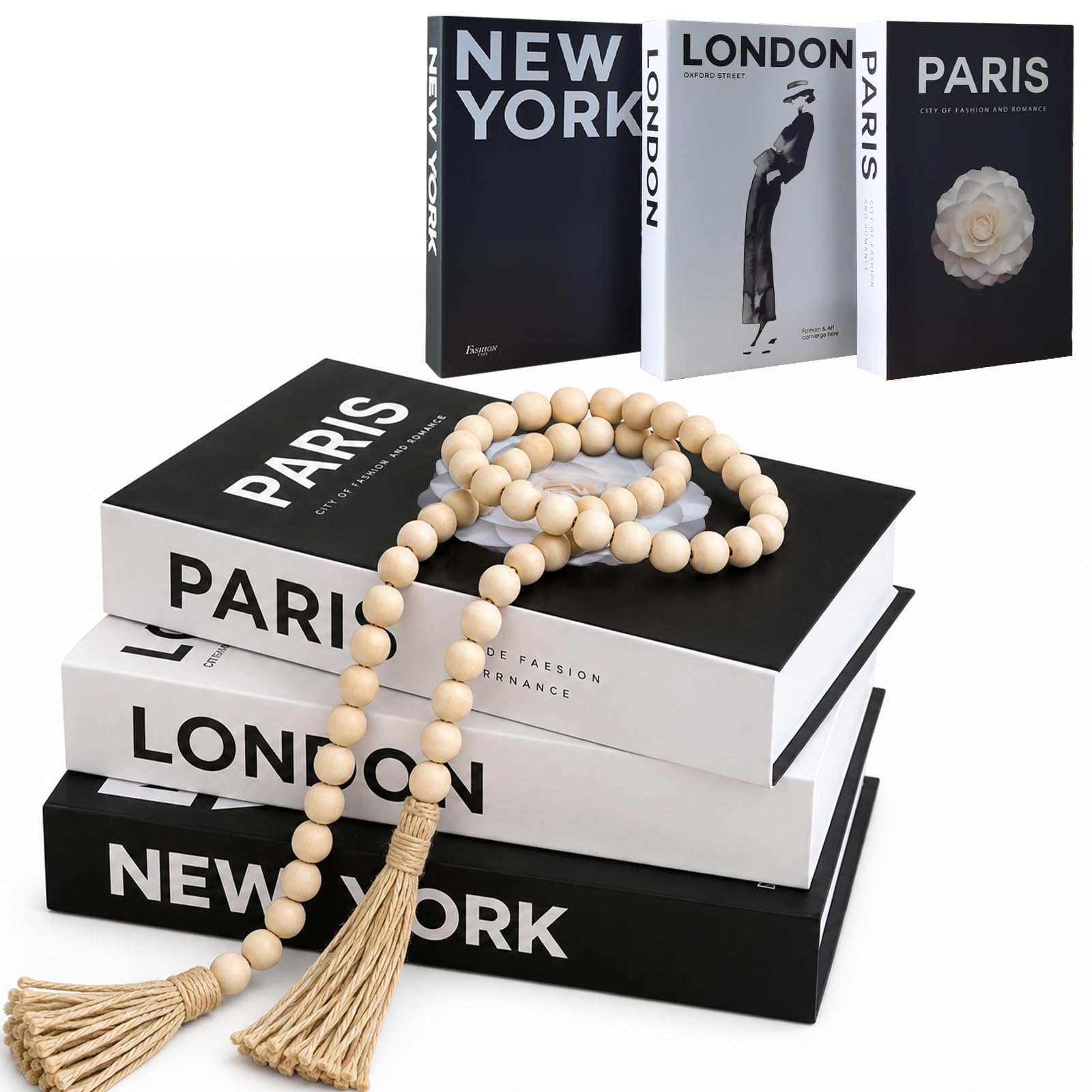 Libri decorativi per la casa, set di 3 libri finti in bianco e nero con nappe di perline di legno, decorazione estetica per la stanza, decorazione per tavolini, soggiorno, decorazione per scaffali,