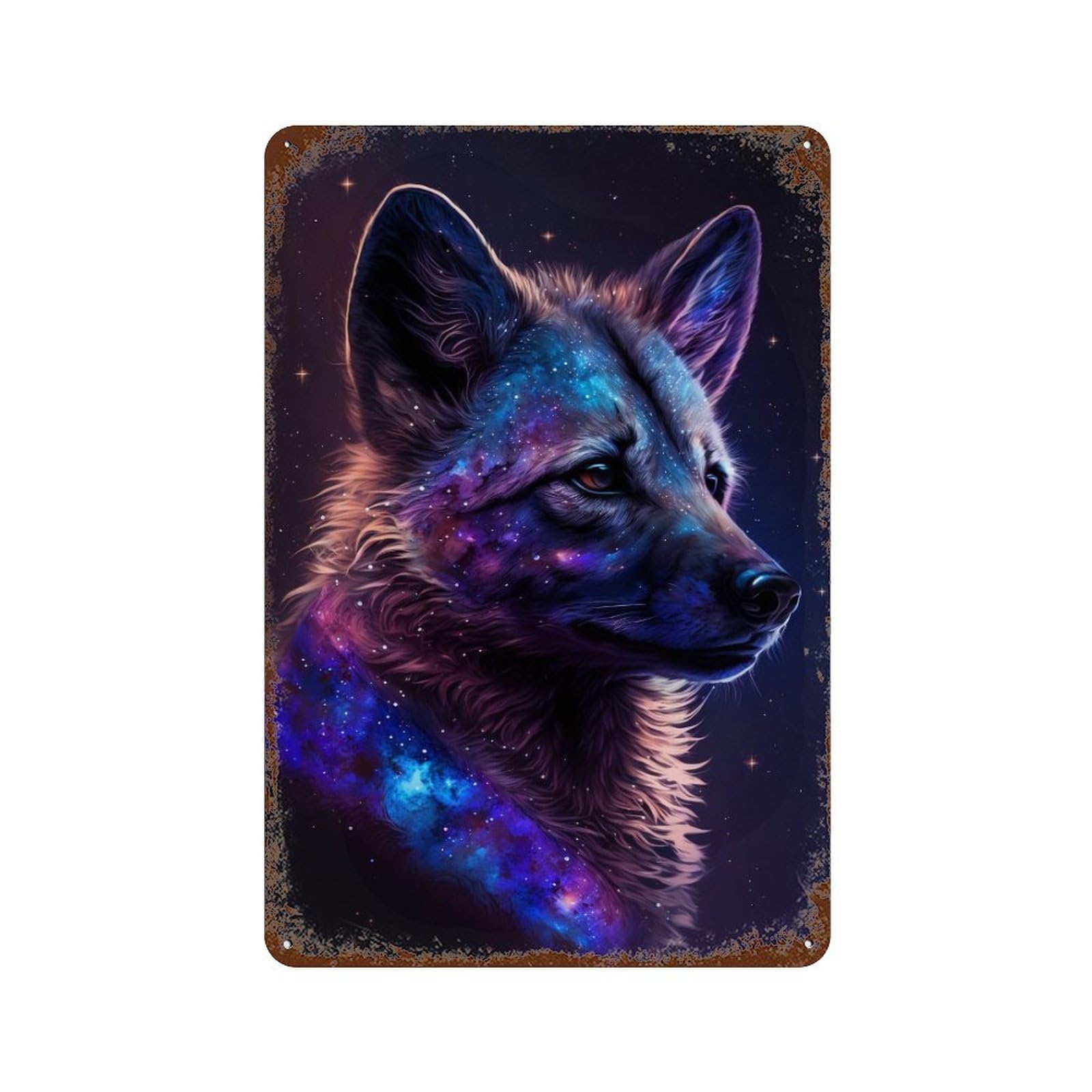 Rust Effect Galactic Wolf Portrait -26 Aged Metal Wall Plaque 11.8"x7.9", Shabby Chic Decor for Living Room, Hallway And Home Decor