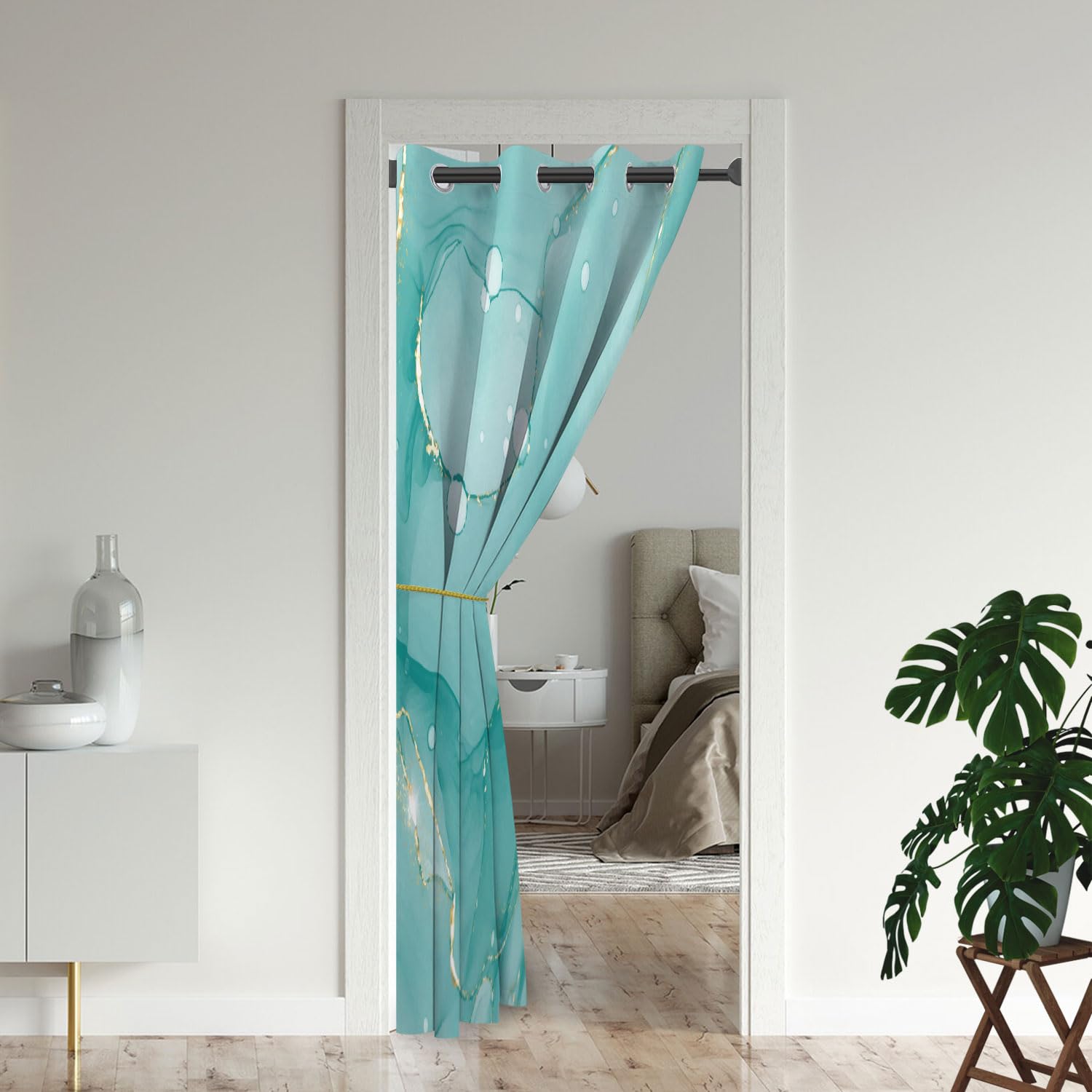 Abstract Marble Door Curtains for Doorways, Elegant Marbling Ink Art Green Blackout Curtain for Kids Bedroom Closet, Grommet Thermal Insulated Privacy Door Drapes for Room Divider, 42