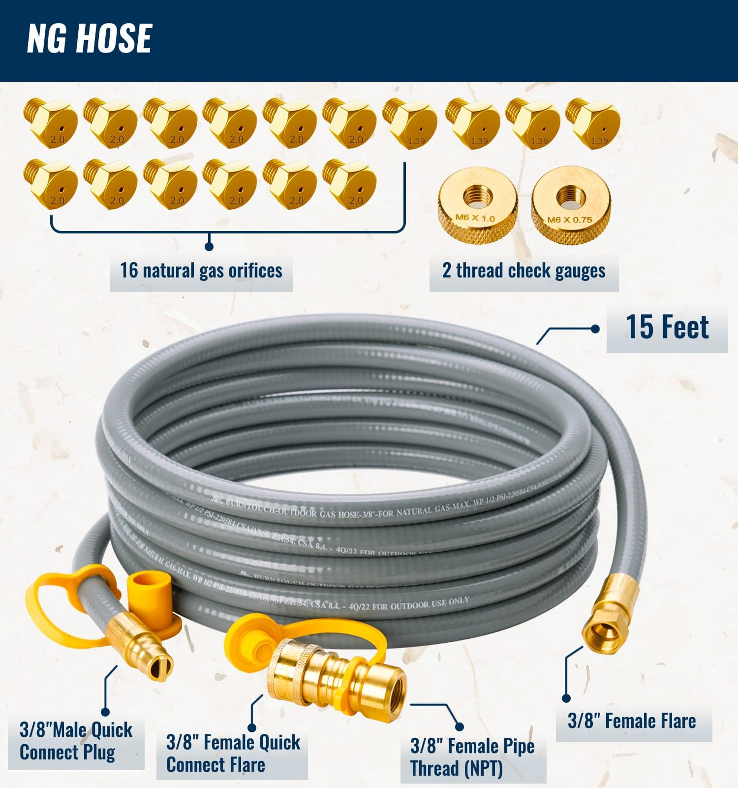 CALPOSE Kit de conversión de propano a gas natural 5249 de 15 pies para parrilla Blackstone de 28 pulgadas, 36 pulgadas, manguera de gas natural de 3/8 pulgadas de diámetro interior compatible con