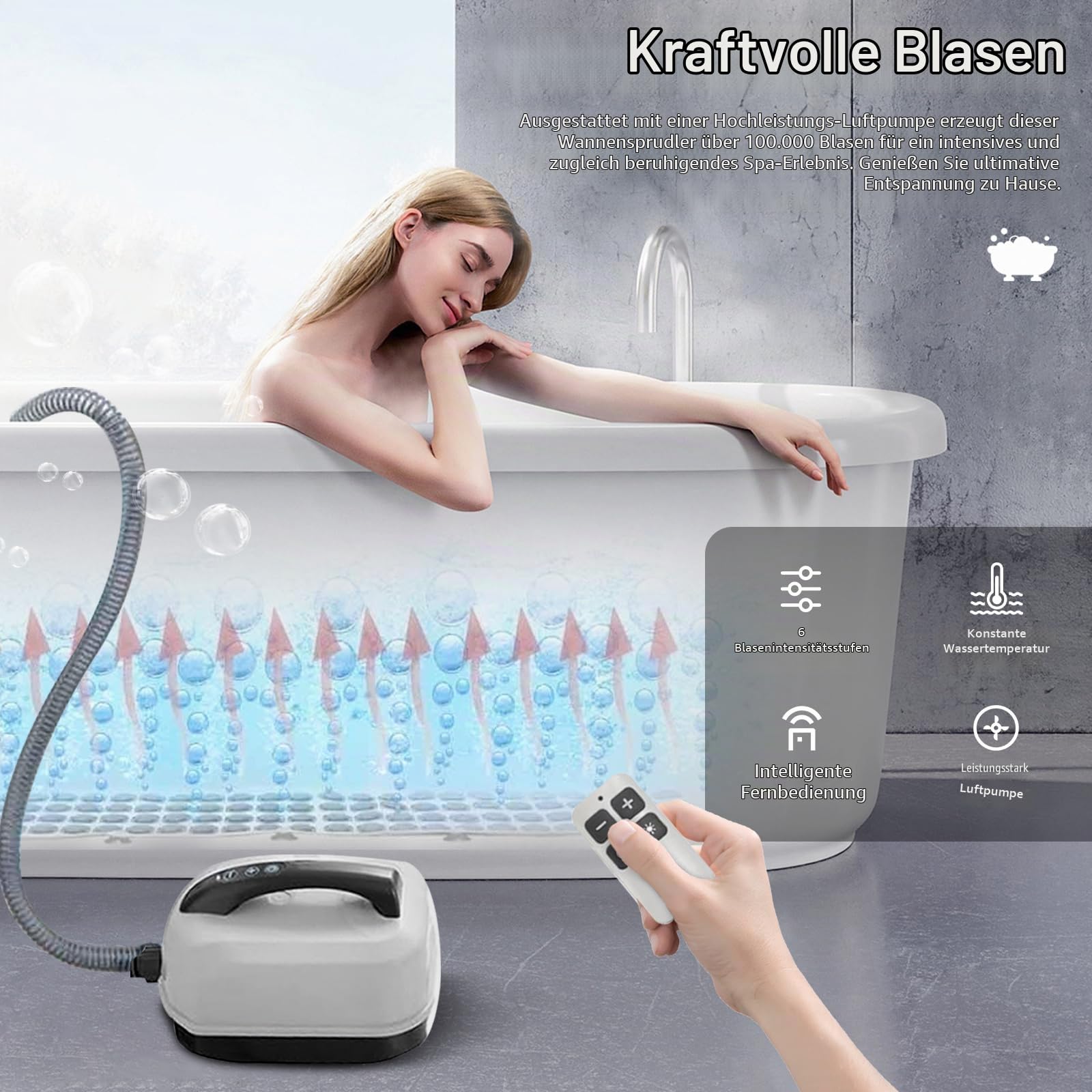 Sprudelmatte Badewanne, Whirlpool Matte für Badewanne Luftsprudelbad 6 Intensitätsstufen Badewannenmatte mit 114 Düsen und Kissen Spa Badewannenzubehör für Spa Baden