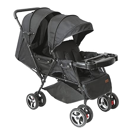 MOON Magnum Twin Stroller with Adjustable Footrest/Safety Belt/Front Swivel Wheels/Reclining Position, Storage Basket, Suitable from Birth to 15 Kg - Black