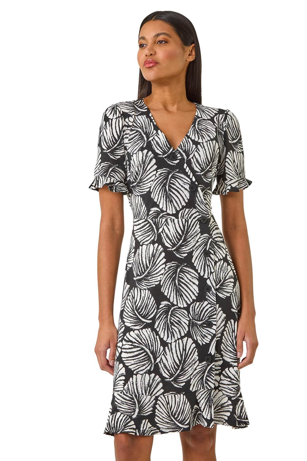 Roman Originals Women's Ivory Tea Dress For Uk Frill Hem Skater Wrap Jersey Stretchy Fit & Flare Flattering Knee Length Cocktail Party Occasion Holiday Going Out - Size 20