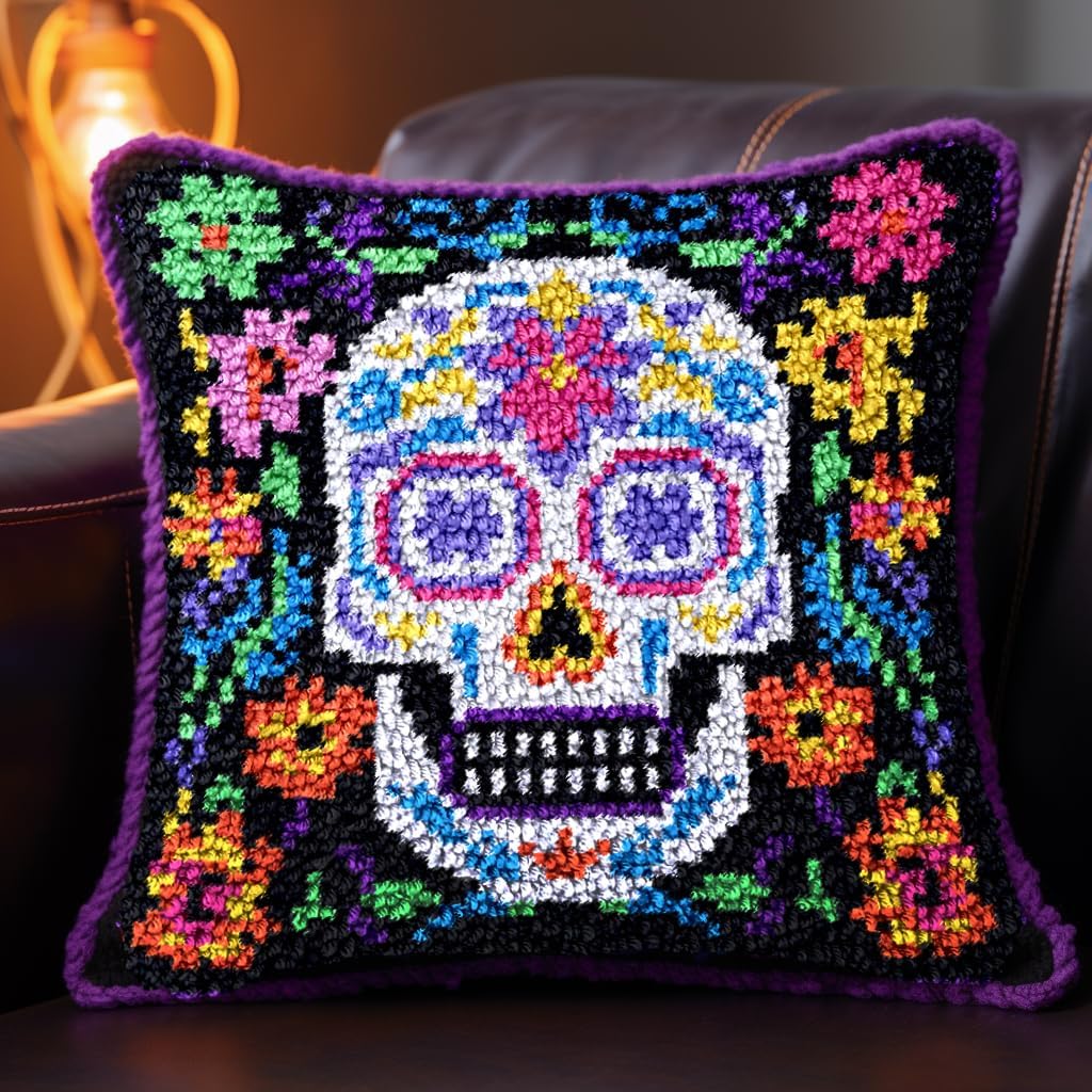 Latch Hook Kits Pillow Colorful Skull Printed Canvas Cushion Crochet Yarn Needlework DIY Hook Latch Kit Embroidery Pillowcase Rug Cover Home Sofa Halloween Decoration 43x43cm