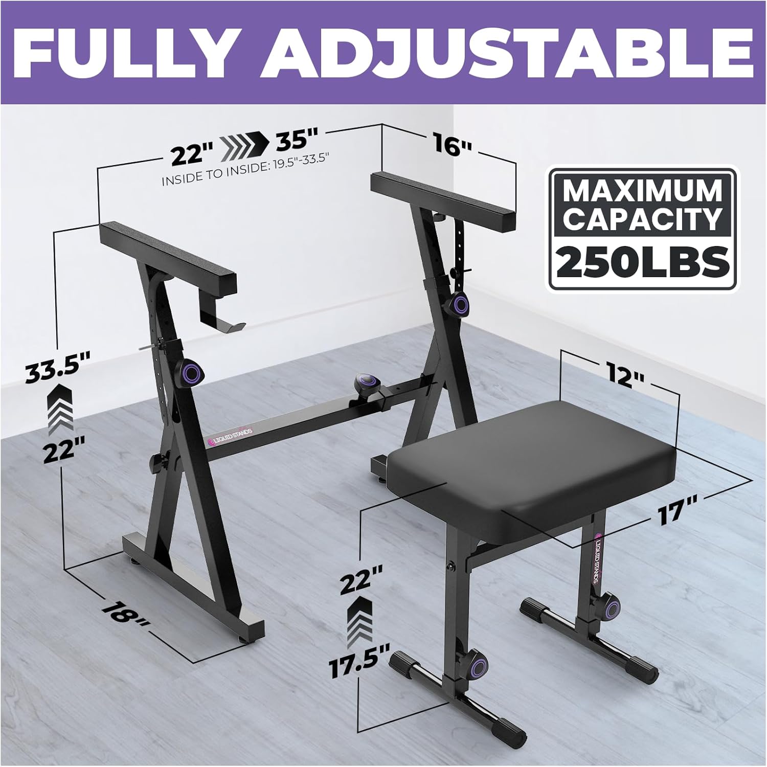 Liquid Stands Piano Keyboard Stand and Bench Set, Piano Cover - Portable Heavy Duty Digital Piano Stand for 54-88 Key Electric Pianos, Adjustable Piano Bench Chair, Stool Keyboard Music Stand and Seat