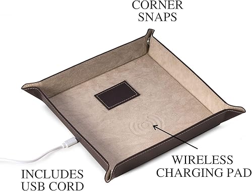 Miniatura 4 de Bey-Berk Bandeja de valet de cuero personalizada personalizada con cargador inalámbrico (marrón)