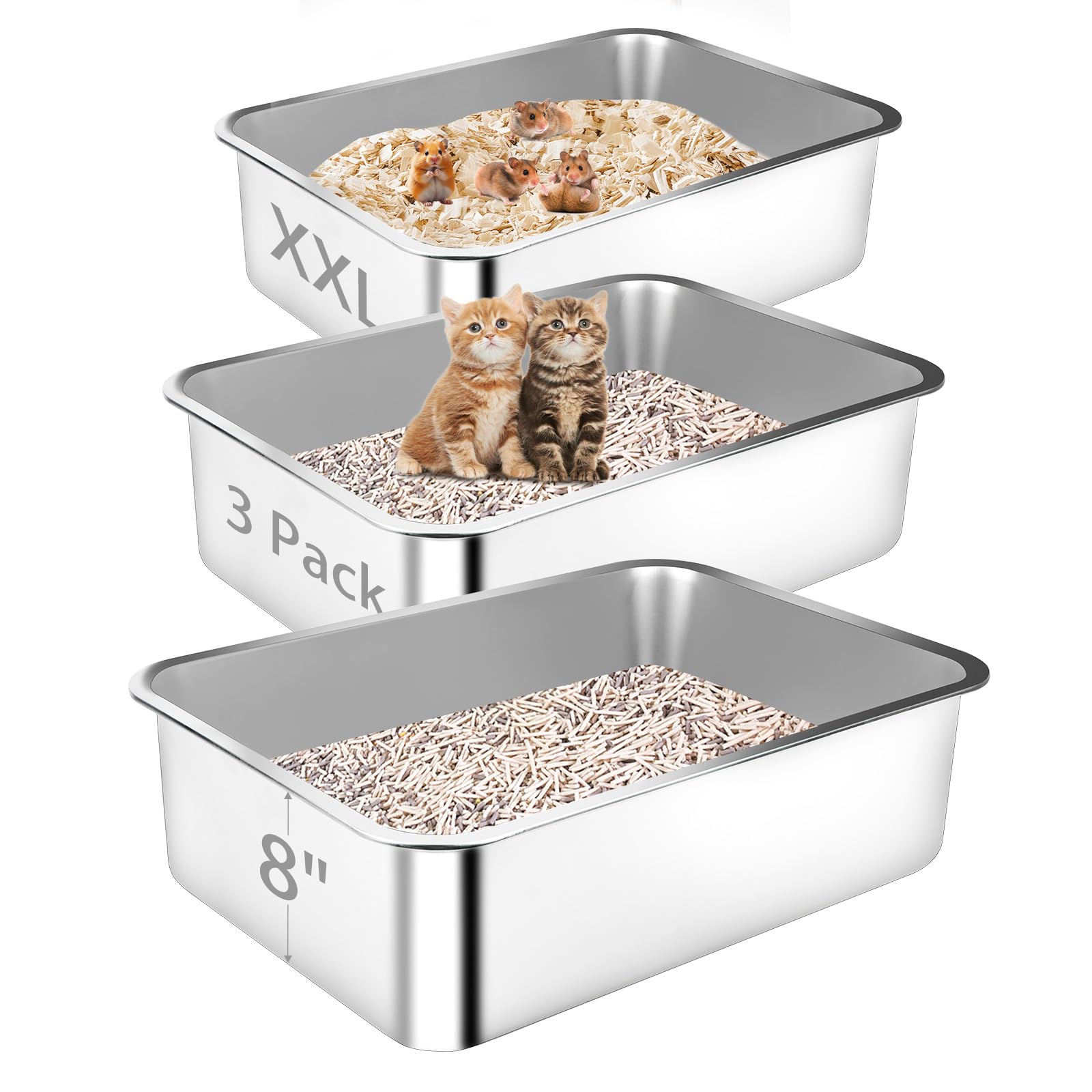 Bartuke Stainless Steel Cat Litter Box, 3 Pack 23.6"x15.7"x7.9" XXL Metal High Sided Litter Pan, Extra Large Stainless Steel Box Splash-Proof and