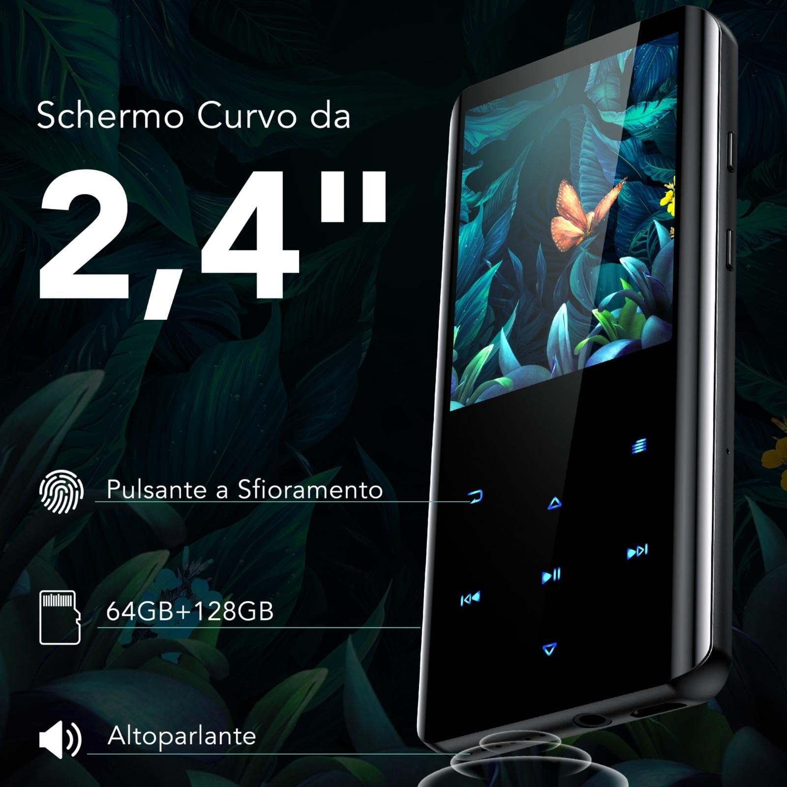 AGPTEK Lettore MP3 da 64 GB, Bluetooth 5.3 con schermo a colori TFT da 2,4 pollici, musica HiFi con altoparlante, pulsanti touch, radio FM, e-book, registrazione, timer sleep, supporto fino a 128 GB,