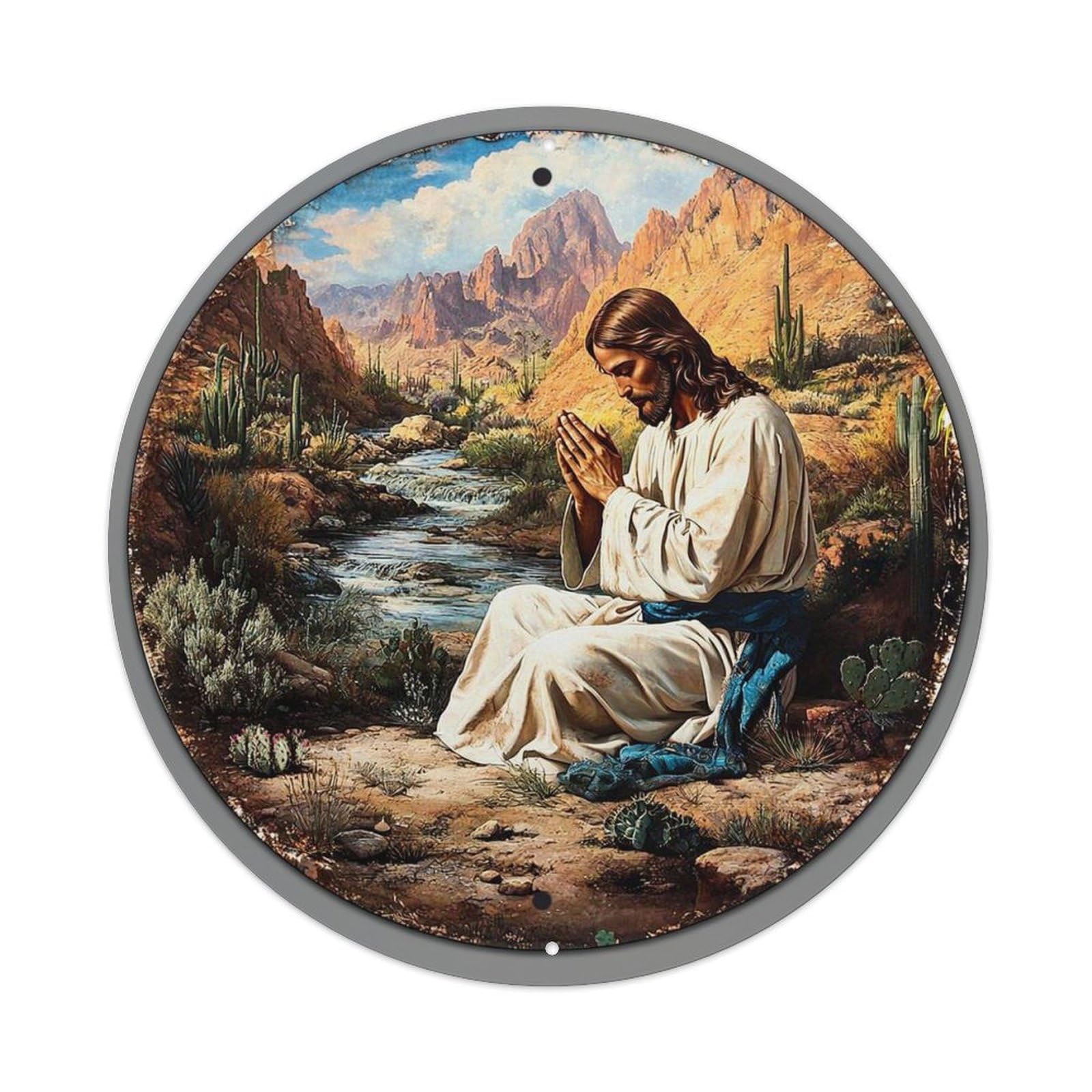 Jesus Praying In Desert Landscape Vintage Round Tin Sign Retro Metal Wall Decor Metal Poster, Home Bar Garage Cafe Wall Art Decoration 8x8Inches
