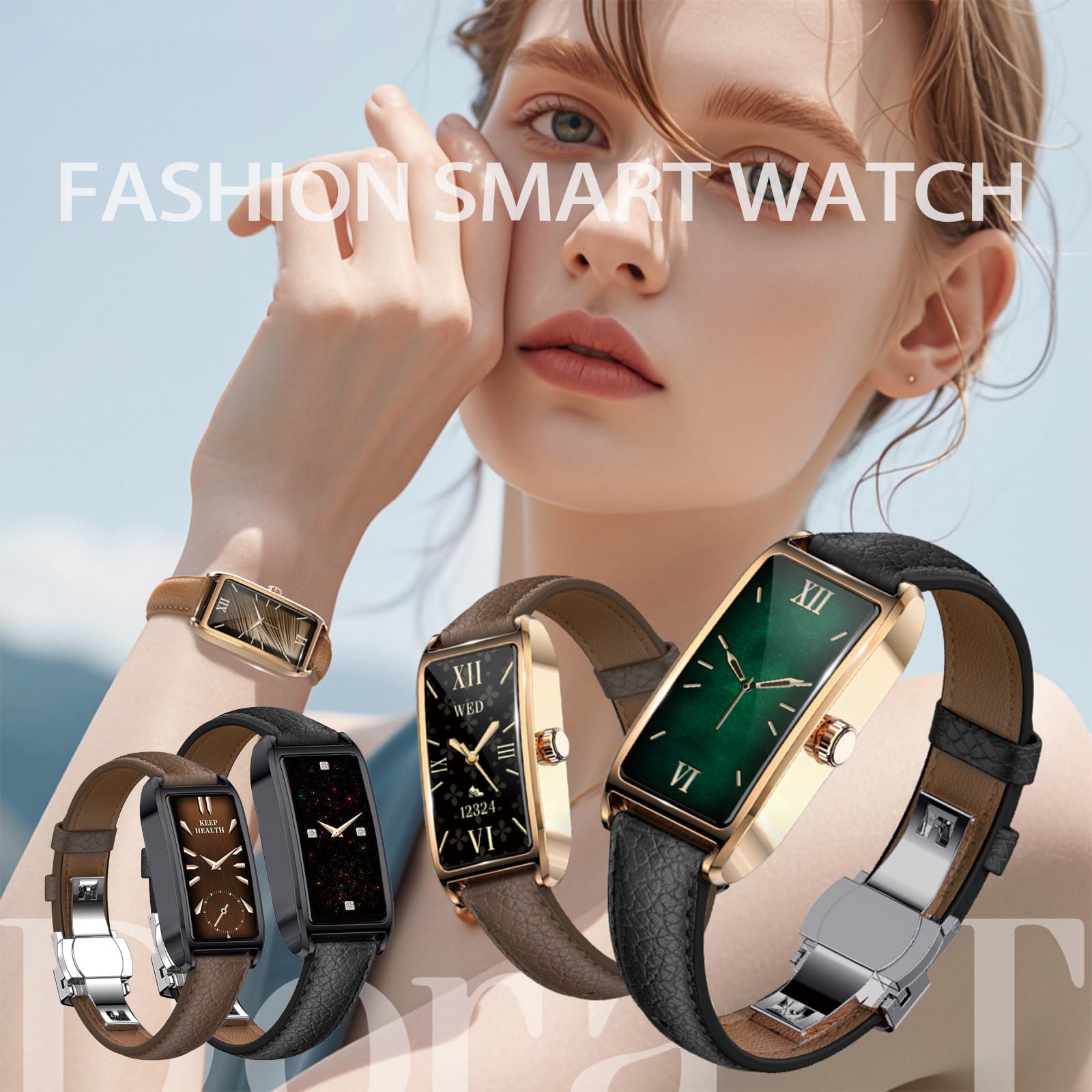 Smartwatch Damen Elegant Dünn Fitnesstracker Eckig Damenuhr 1.13" AMOLED Fitnessuhr Frauen Herzfrequenzmesser Schrittzähler Schlafanalyse Menstruationszyklus Pulsuhr Gold IP68 Wasserdicht Sportuhr