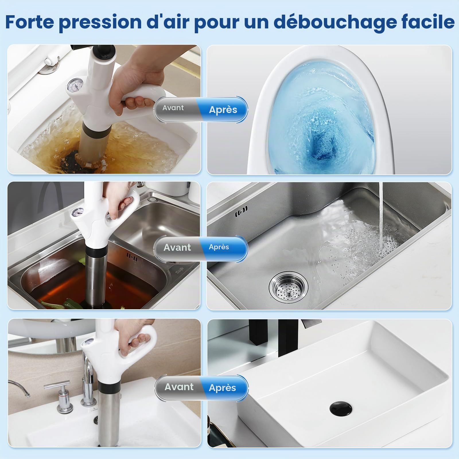 Deboucheur WC, 4 in 1 Déboucheur à Pompe Haute Pression Déboucheur Piston Toilette Puissant Air Comprimé avec Têtes Remplaçables et Baromètre pour Déboucher les Évier Lavabo Baignoire Drain de Sol