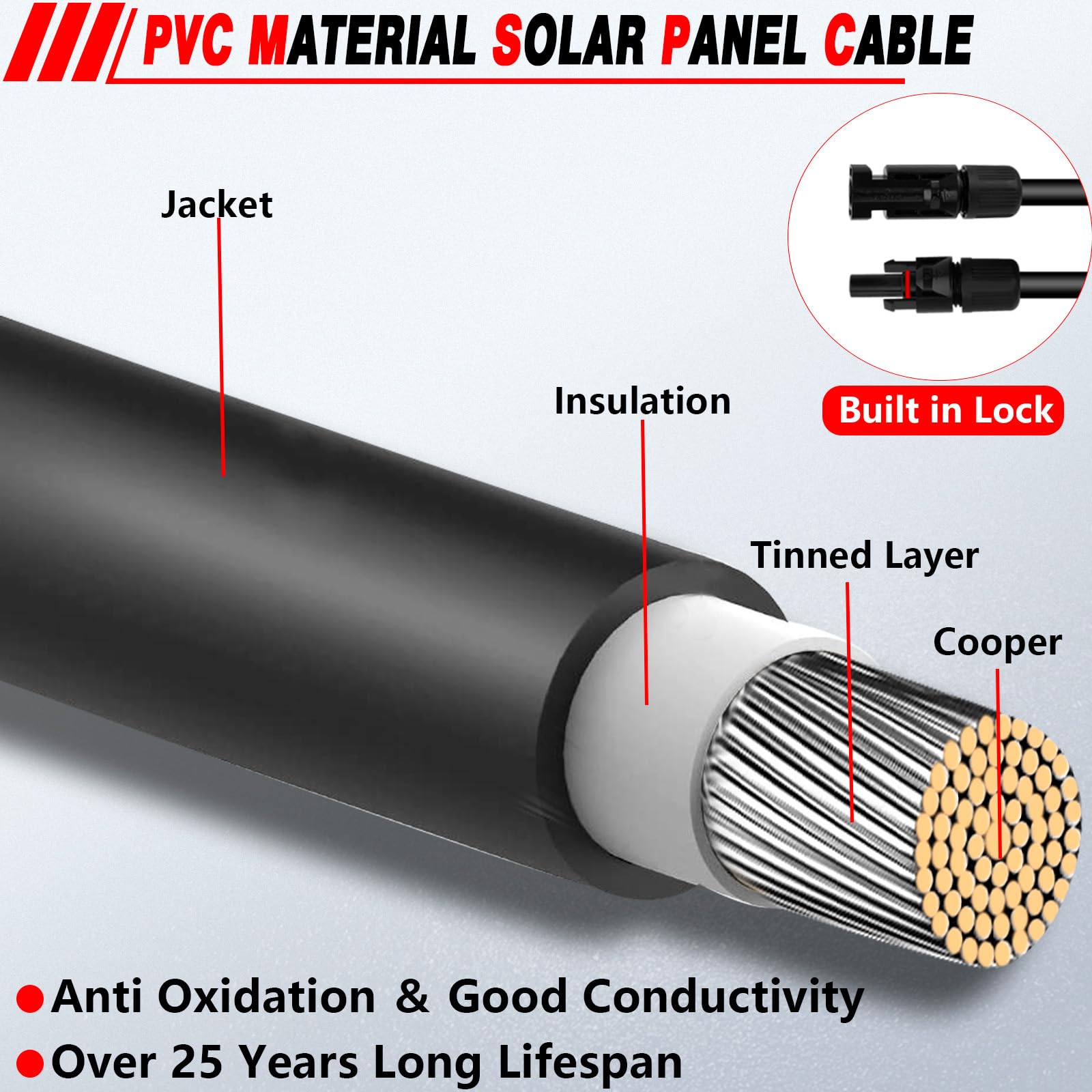Cavo di prolunga solare da 12,5 m, 10 AWG, con connettore femmina e maschio, con custodia e coppia di connettori extra gratuiti, kit di cavi resistenti alle intemperie per camper, traghetto (10