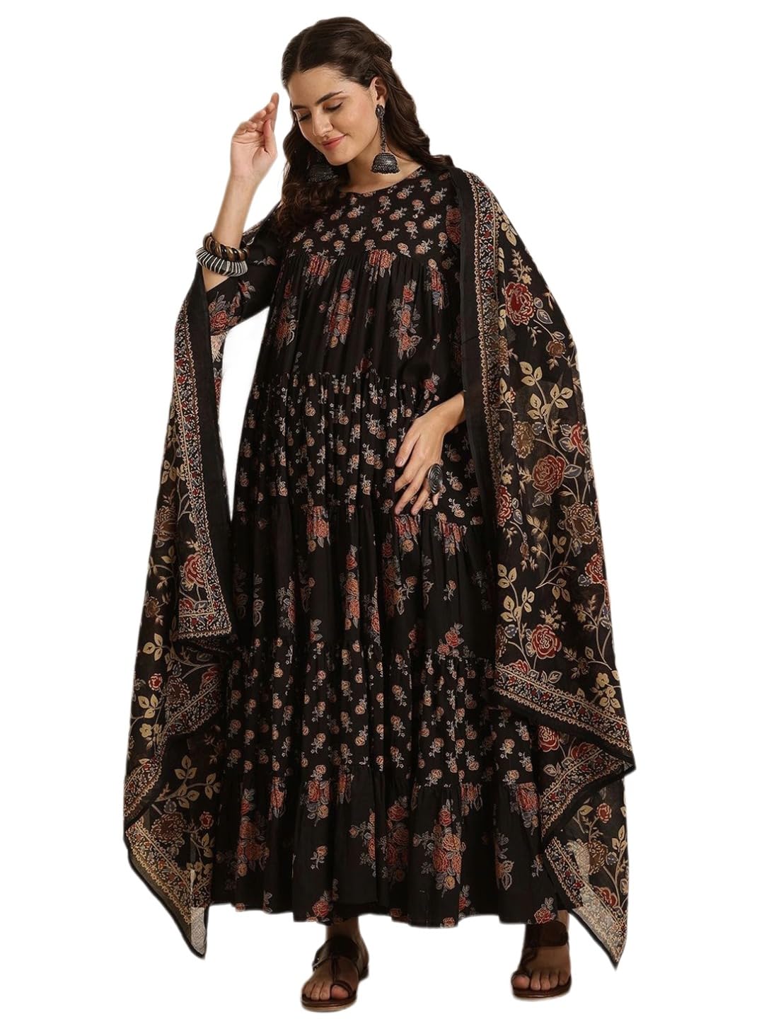 ANNI Designer Viscose Blend Kurta for Women | Kurti Set Woman | Anarkali Kurta with Pant & Dupatta | Black Floral Hand Block Printed Suit | Ethnic Indian Outfit Party Office Traditional Fashion Wear