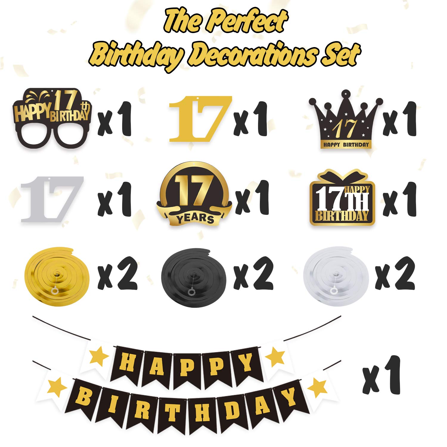 LINGTEER Happy 17th Birthday Decorations Set - 12 Pcs Black & Gold Foil Swirls Streamer with Happy Birthday Bunting Banner,Cheers to Seventeen Years Old Bday Party Gift Decorations Sign.