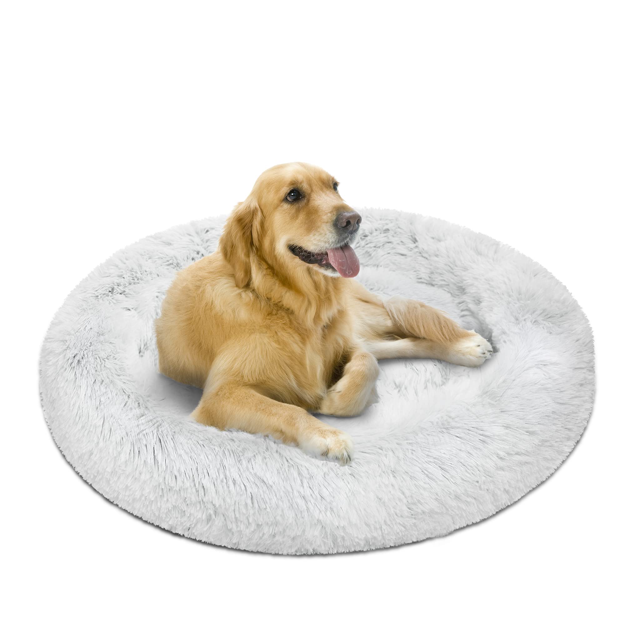 Friends Forever Donut Dog Bed Faux Fur Fluffy Calming Sofa For Large Dogs, Soft & Plush Anti Anxiety Pet Couch For Dogs, Machine Washable Coco Pet Bed