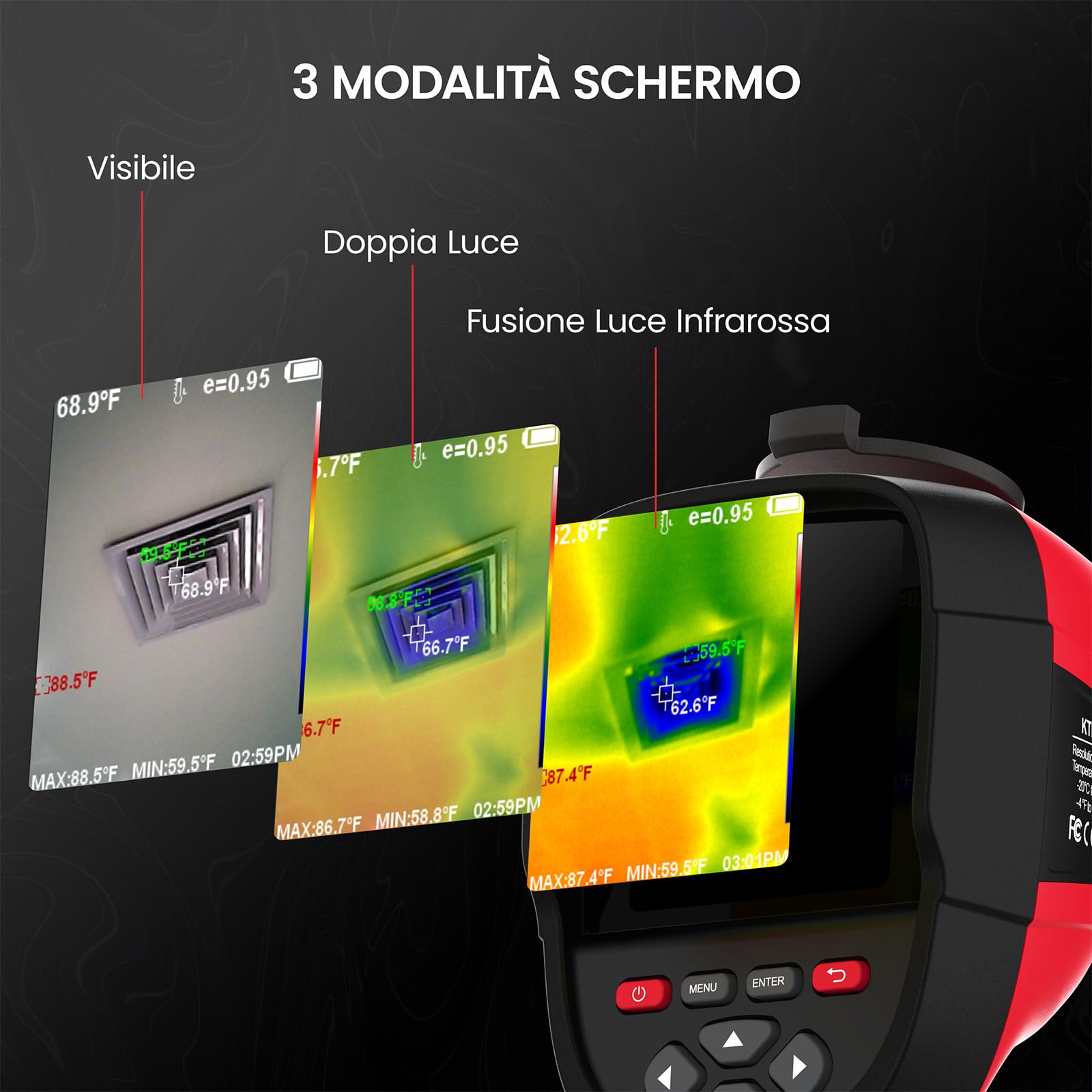 KAIWEETS Termocamera, 256 x 192 Pixel, Frequenza di Aggiornamento 25 Hz, Disponibile Nelle Modalità Infrarossi/Visibile Luce/Doppia Luce, Termocamera da -20℃ a +550℃ con Analisi PC/Registrazione Video
