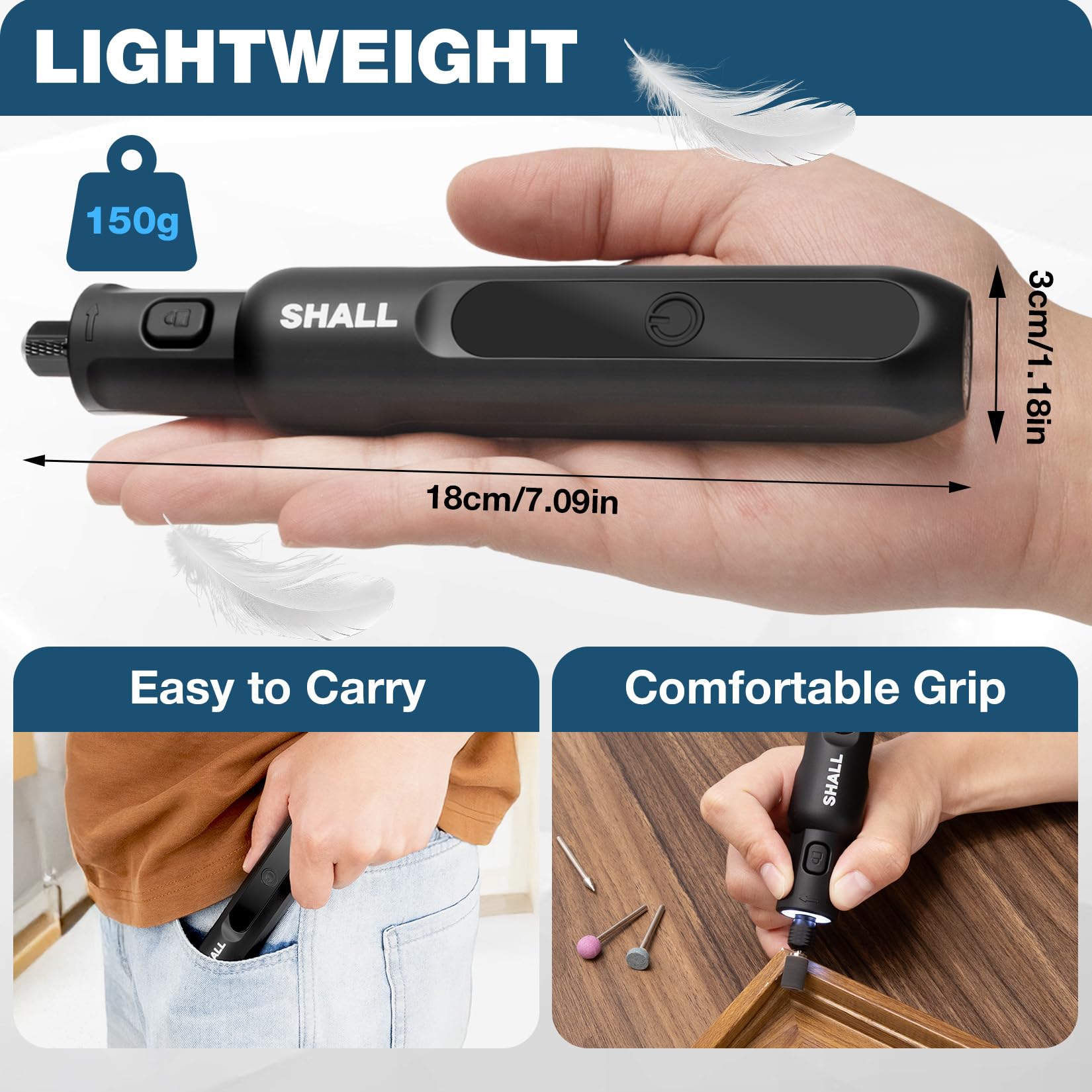 SHALL Utensile rotante senza fili da 3,7 V, 20000 giri/min, 5 velocità, kit smerigliatrice ricaricabile tramite USB con 70 accessori e luce LED, multiuso per levigatura