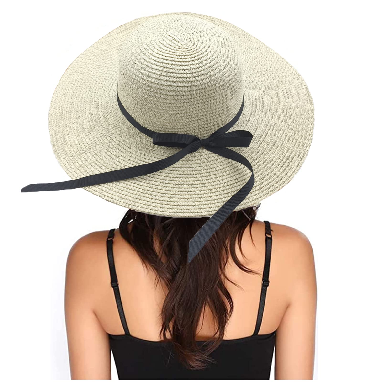 Eight Space Sombrero De Paja para Mujer, Sombrero De Paja De ala Ancha De Verano Plegable Ajustable con Lazo, Sombrero De Playa para Mujer para Playa, Vacaciones, Actividades Al Aire Libre