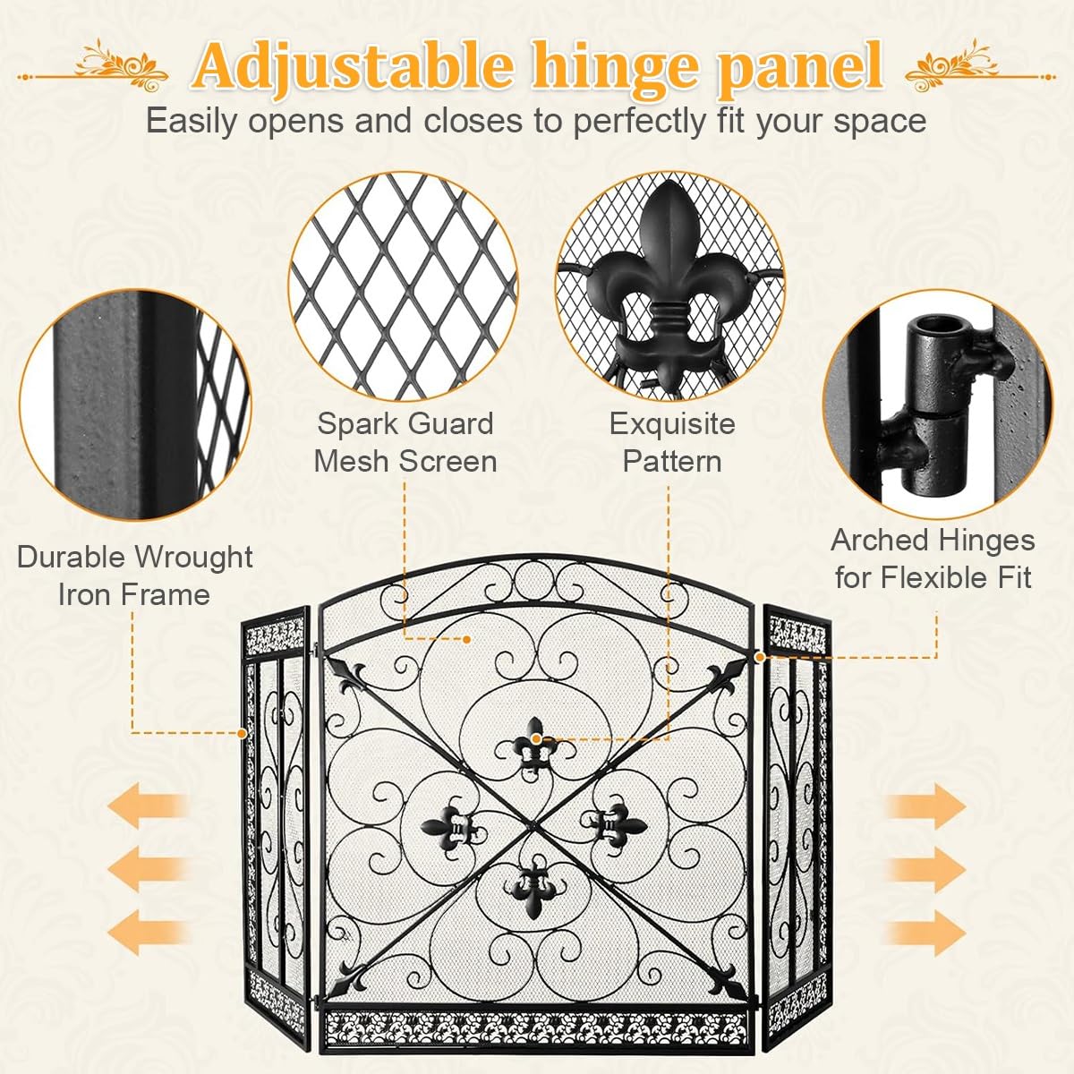 Salvachispas Chimenea 3 Paneles Autoportante De Hierro Forjado Negro - Protector Chimenea para Interior Y Fogones Exteriores. Protector Niños para Chimeneas De Leña