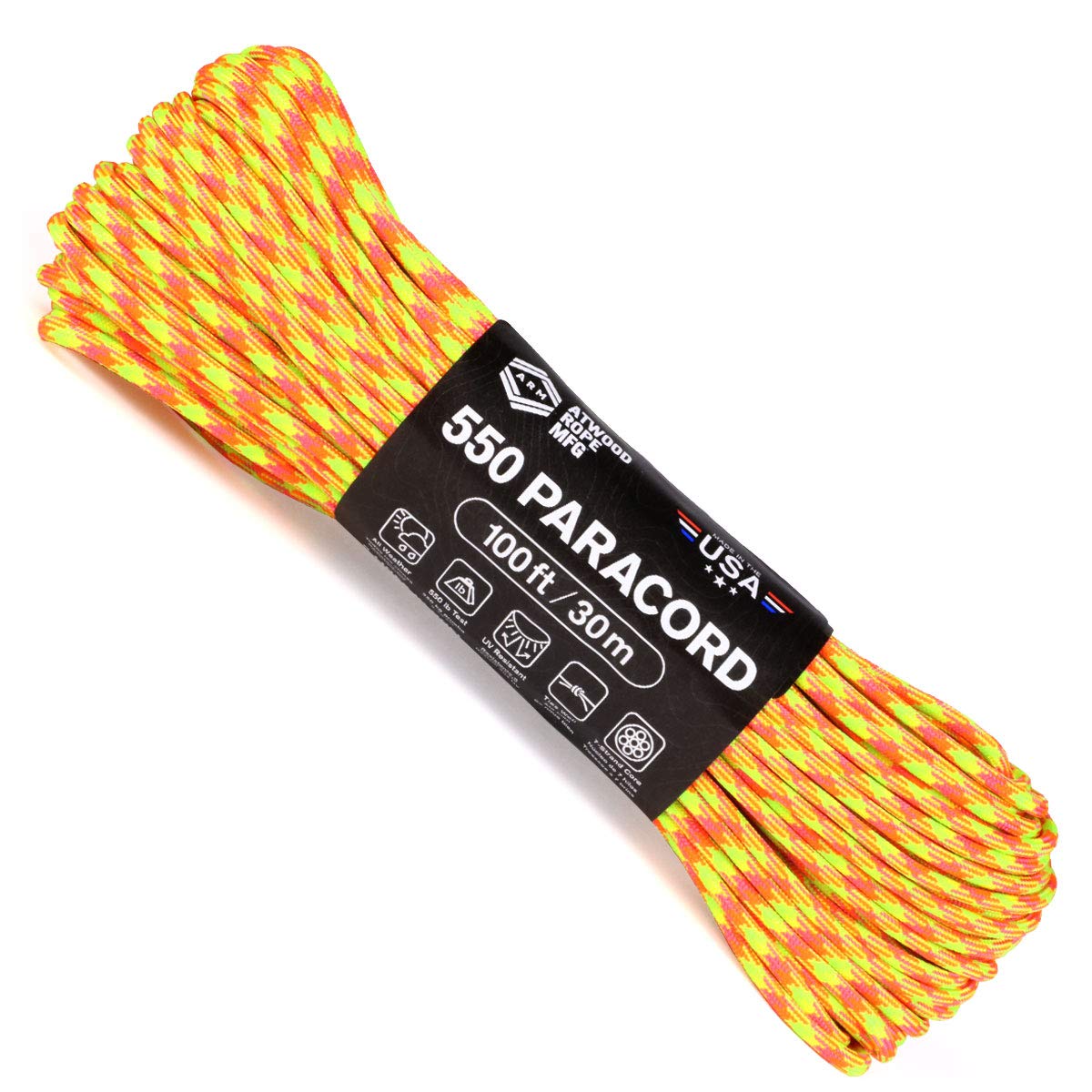 Atwood Rope MFG 550 Paracord 100 Feet 7-Strand Core Nylon Parachute Cord Outside Survival Gear Made in USA | Lanyards, Bracelets, Handle Wraps, Keychain (Starburst)