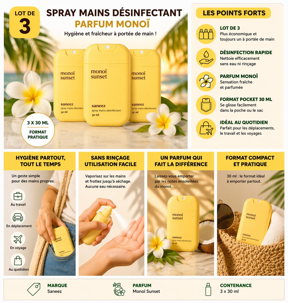 Spray Mains Désinfectant Parfum Monoï – Lot de 3 x 30 ml – Format Poche – Sans Rinçage – Parfum Monoï Sunset – Hygiène Nomade