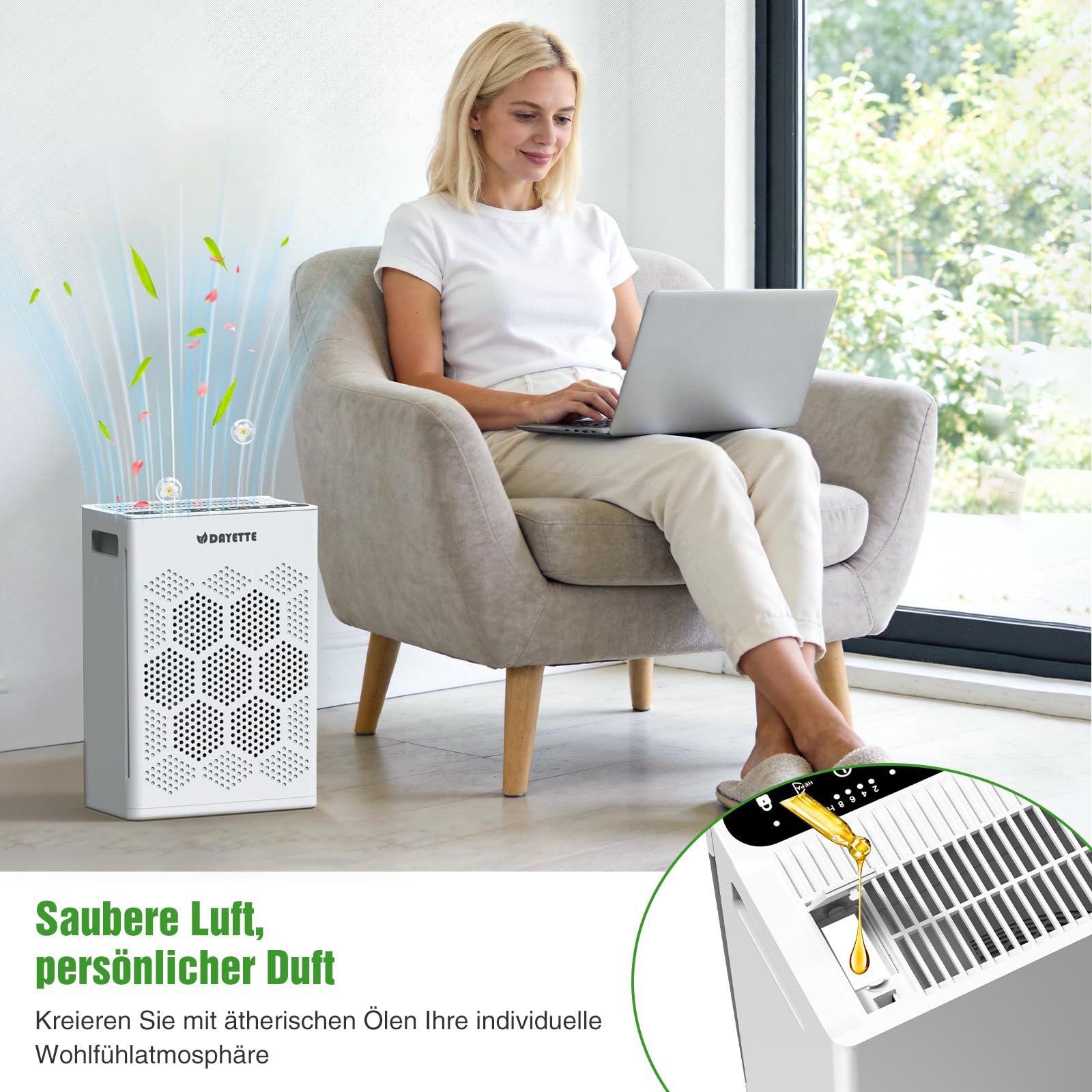 Luftreiniger für Allergiker und Raucherzimmer, HEPA H14 Filter mit waschbarem Vorfilter gegen Staub, Pollen, Tierhaare und Gerüche, CADR 300m³/h, Nachtmodus <22dB, inkl. 3 Duftpads