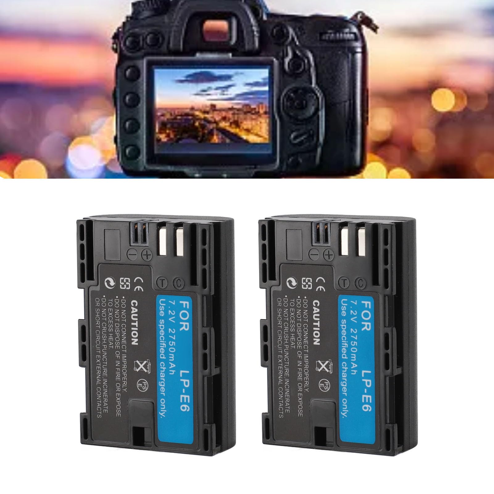 2 Batteries Li-ION Rechargeables LP-E6/LP-E6N 7.2V 2750mAh, pour Appareils Photo R5 R6 90D 60D 70D 80D 5D II 5D III 5D IV 5Ds 6D 6D II 7D 7D Mark II