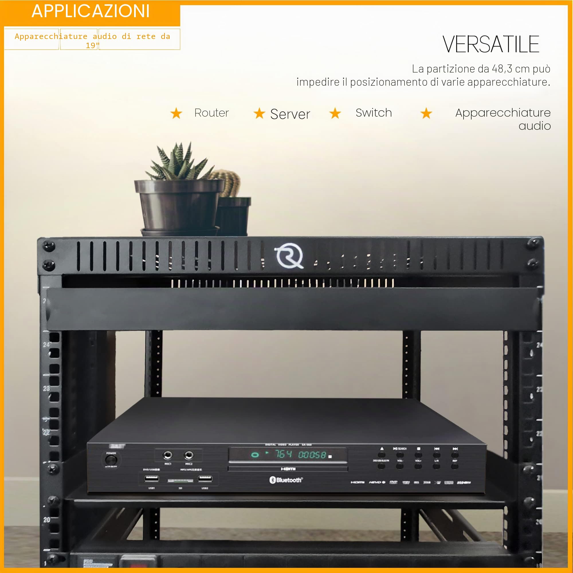RIVECO 2 mensole per rack 1U, montaggio per armadio da 48,3 cm, 1 vassoio a U, cantilever ventilato per montaggio su mensole del computer, profondità 25 cm, nero