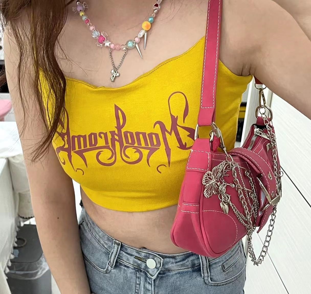 FONETTOS Punk Bag, Sourpuss Gothic Tote Purse Y2K Cool Style Trendy Women Shoulder Bags Rock Fashion Girls Handbag: L-rose Red