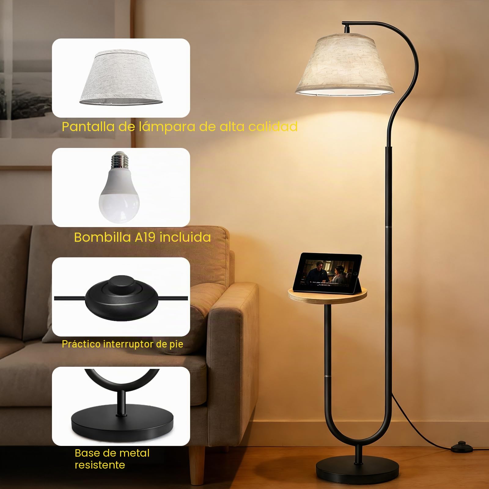 BBHome Lámpara de pie para Salón, Lámpara Moderna con Arco y Estante, Lampara pie con Mesita y Pantalla de Lino, Lampara de pie con Casquillo E27 para Salón, Dormitorio, Estudio y Oficina,Negro
